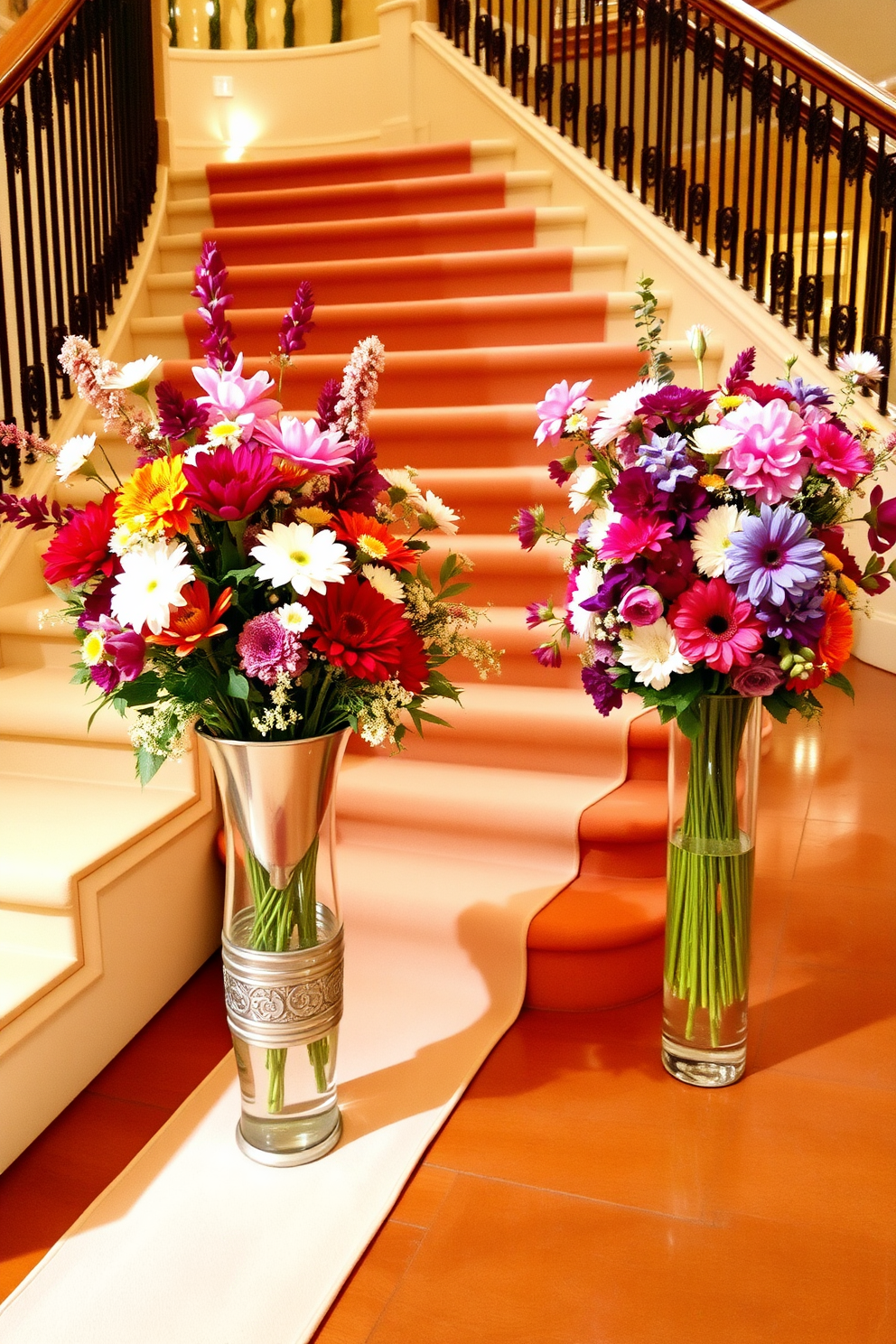 Decorative vases filled with fresh blooms are arranged along a grand staircase. The vases feature an assortment of colorful flowers that add a vibrant touch to the elegant setting. The staircase is adorned with a soft runner that complements the color scheme of the vases. Subtle lighting highlights the blooms, creating a warm and inviting atmosphere.