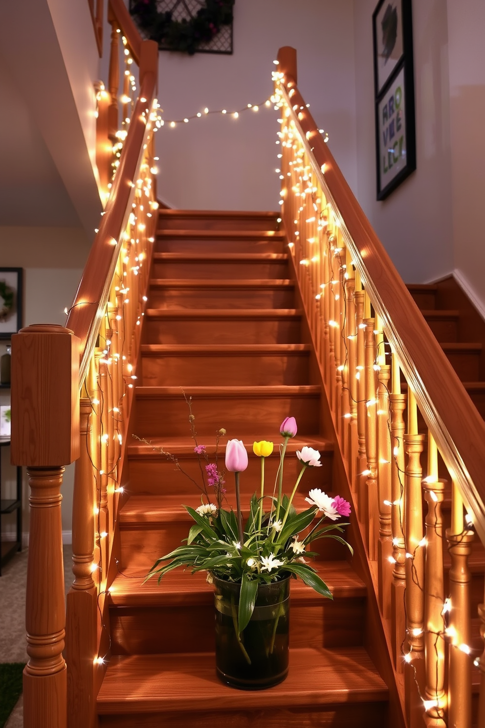 A whimsical staircase adorned with fairy lights wrapped around the railings creates a magical ambiance. The soft glow of the lights highlights the natural wood of the staircase and complements the vibrant spring decor.