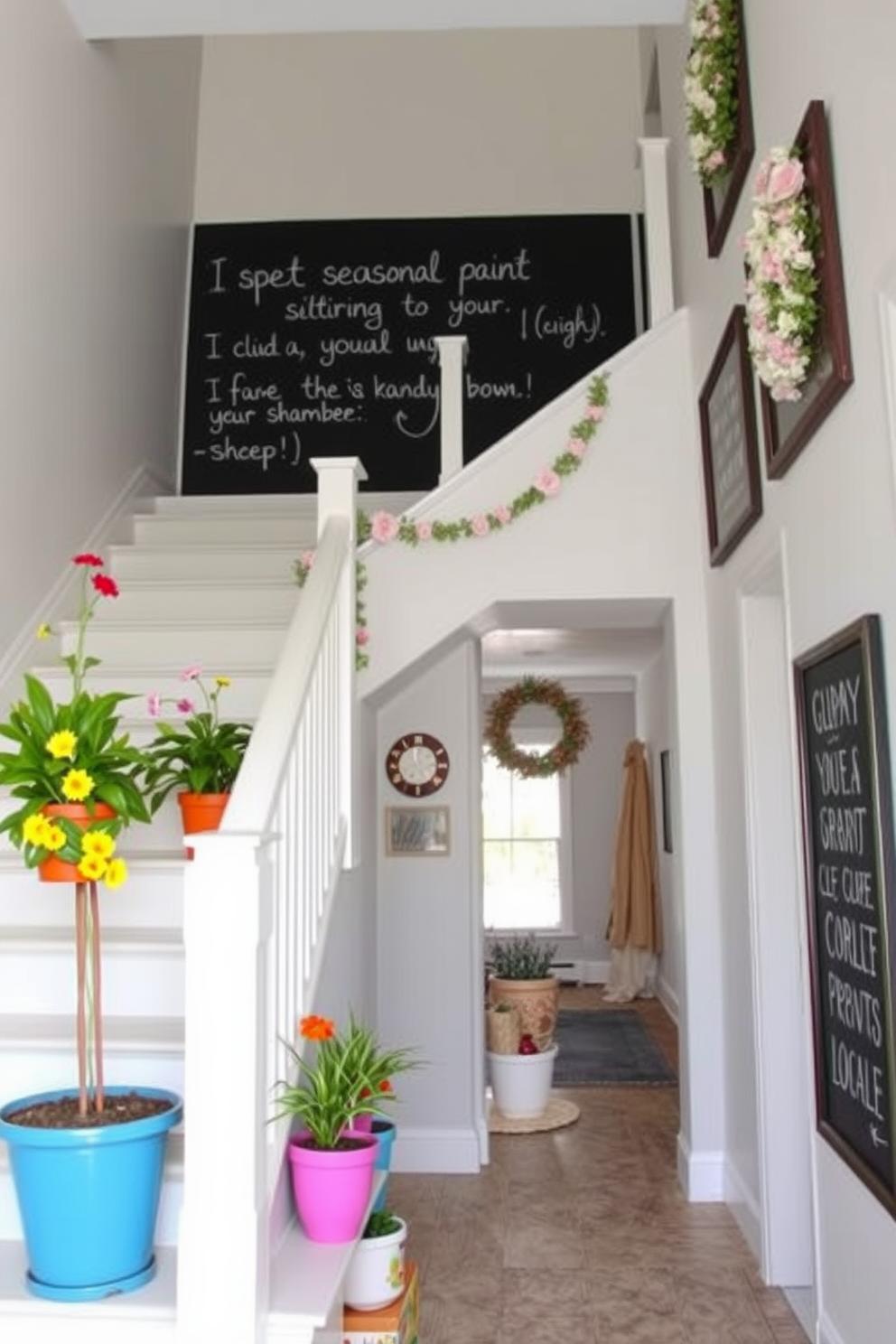 A charming staircase adorned with chalkboard paint allows for seasonal messages and creative expressions. The walls are painted in a soft white, providing a bright contrast to the dark chalkboard surface, creating an inviting atmosphere. Brightly colored potted plants line the staircase, adding a touch of spring vibrancy. Festive decorations such as garlands of flowers and pastel-colored accents enhance the seasonal theme, making the space feel fresh and welcoming.