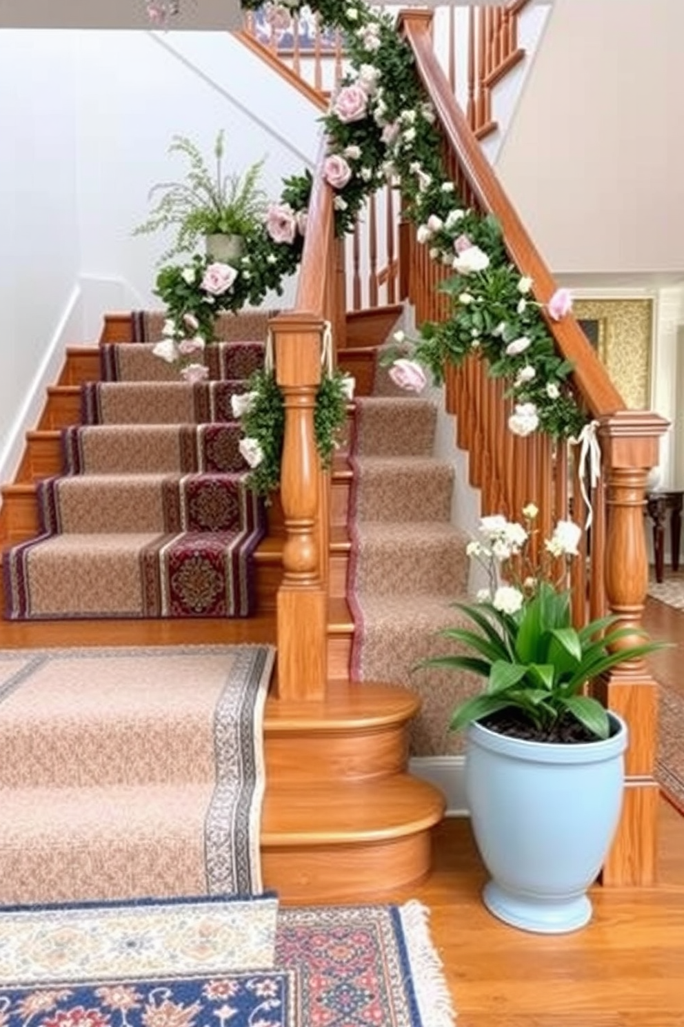 A beautiful staircase adorned with layered rugs creates a warm and inviting atmosphere. The rugs feature an array of textures and colors that complement the natural wood of the staircase, enhancing its elegance. Spring decorations breathe life into the staircase with fresh floral arrangements and pastel accents. Delicate garlands drape along the banister, while potted plants add a touch of greenery to the space.