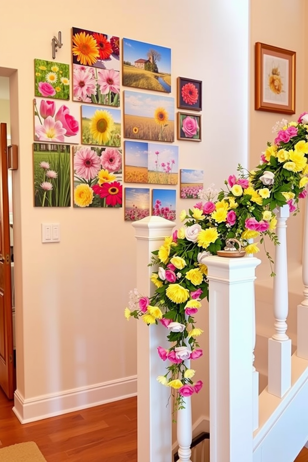 A vibrant spring-themed photo collage adorns the walls, featuring a mix of floral prints and sunny landscapes. The colors are bright and cheerful, bringing a sense of warmth and joy to the space. The staircase is elegantly decorated for spring, with garlands of fresh flowers cascading down the banister. Soft pastel hues and decorative accents create a welcoming atmosphere that celebrates the season.