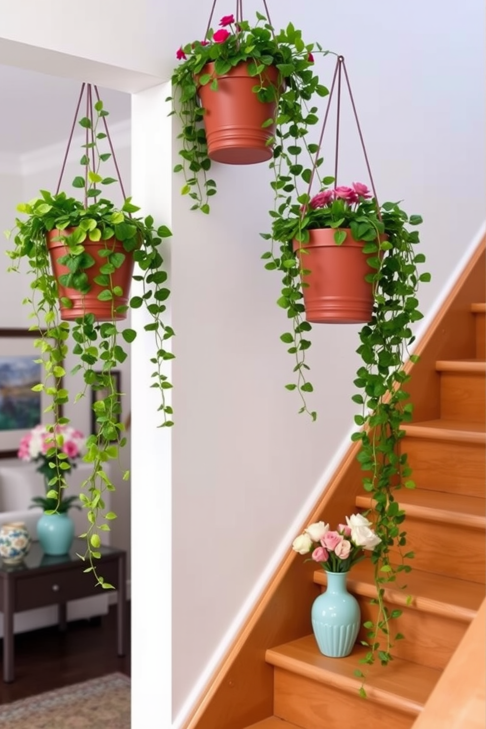 Hanging planters with trailing vines create a lush and inviting atmosphere in any space. The vibrant green leaves cascade gracefully, adding a touch of nature and elegance to the surroundings. Spring staircase decorating ideas can transform a simple staircase into a stunning focal point. Incorporate fresh flowers in colorful vases and soft pastel accents to evoke the essence of the season.