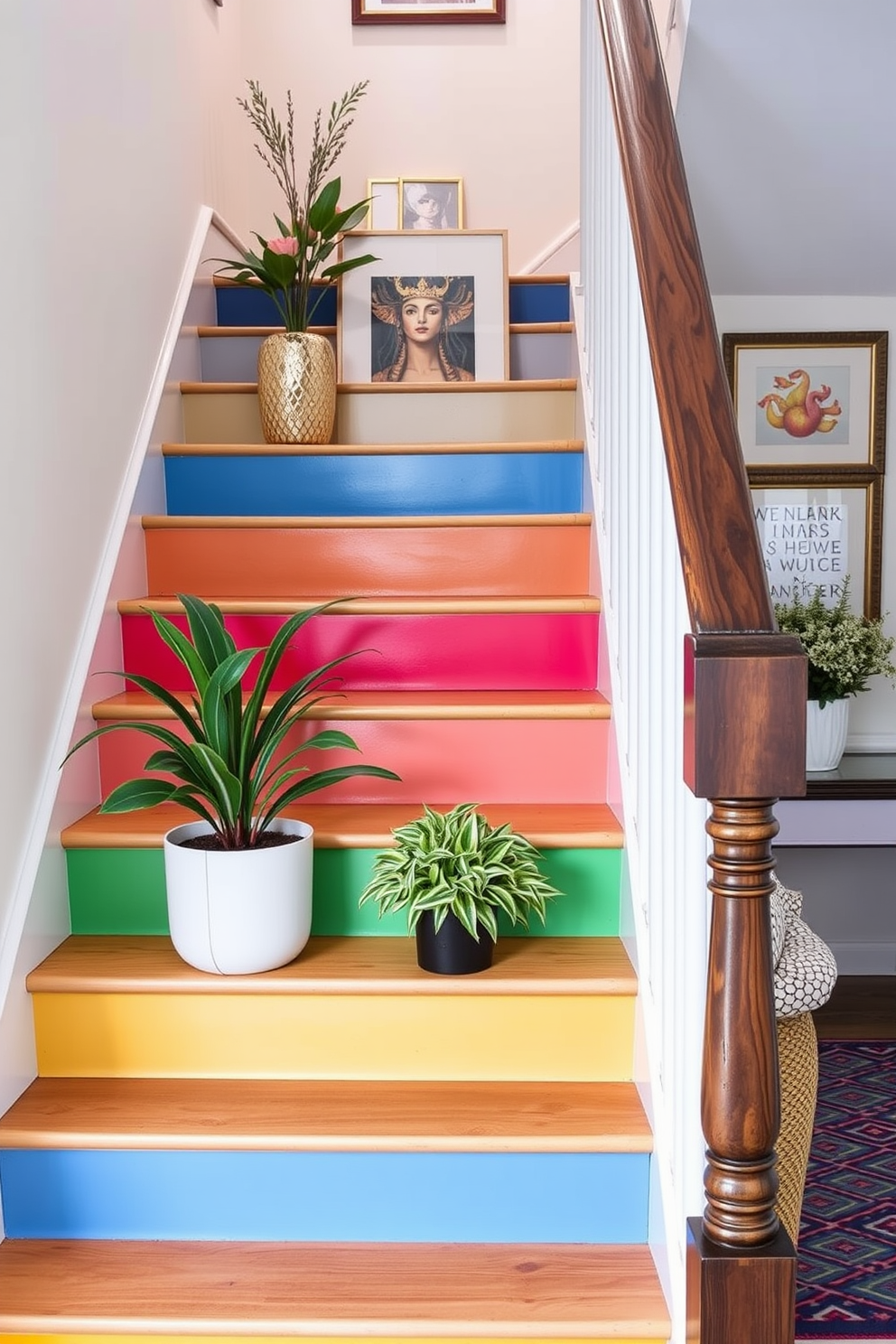 Brightly colored stair risers bring a vibrant touch to any staircase. Each riser is painted in a different bold hue, creating a playful and inviting atmosphere. Decorative elements such as potted plants and art pieces can be placed along the staircase. Consider using a mix of textures and patterns to enhance the visual interest of the space.