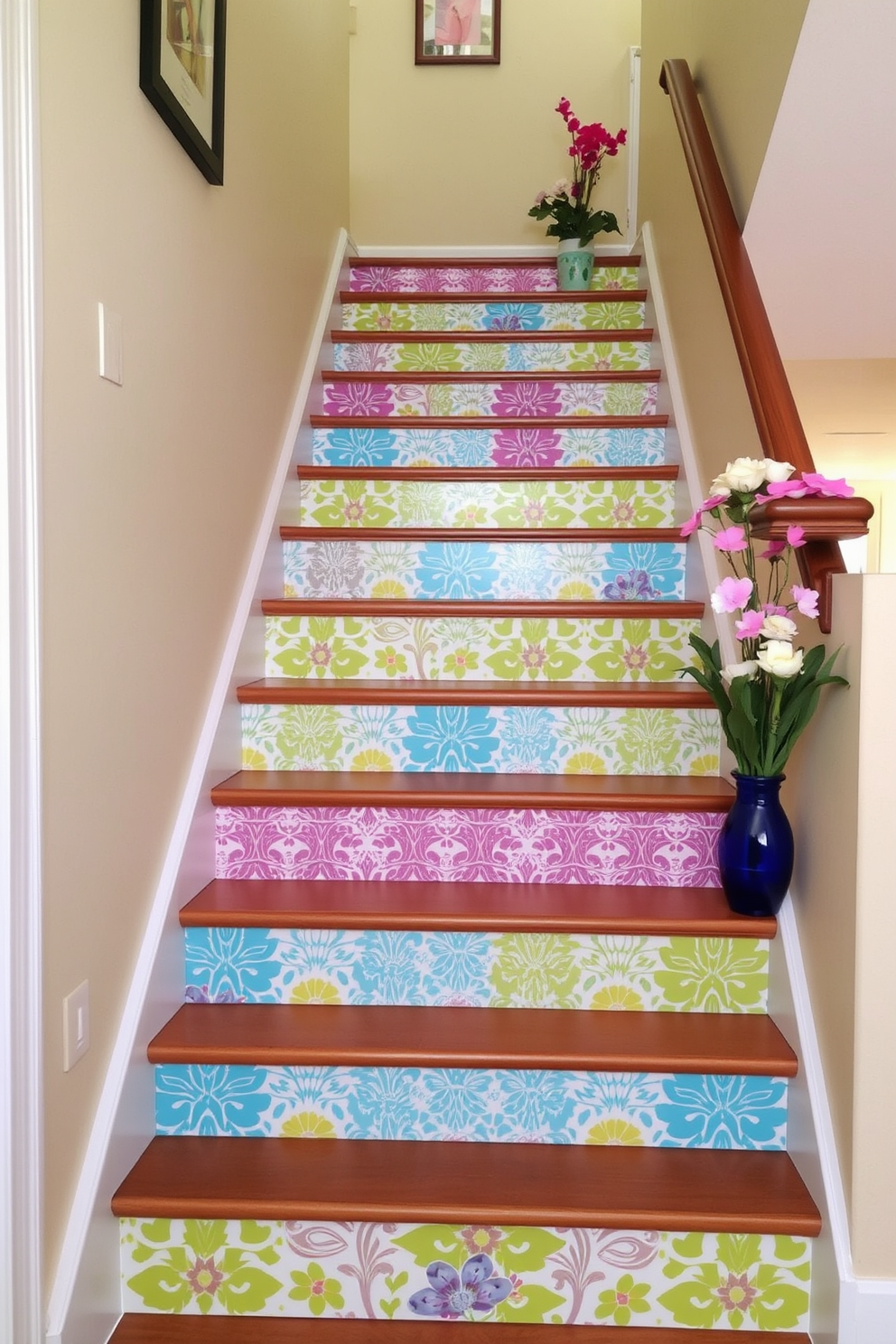 Brightly colored temporary wallpaper adorns the risers of a staircase, creating a vibrant and inviting atmosphere. The playful patterns and hues bring life to the space, making each step a delightful experience. Spring-themed decorations complement the lively wallpaper, featuring fresh flowers and pastel accents. This cheerful decor transforms the staircase into a focal point of seasonal celebration and warmth.