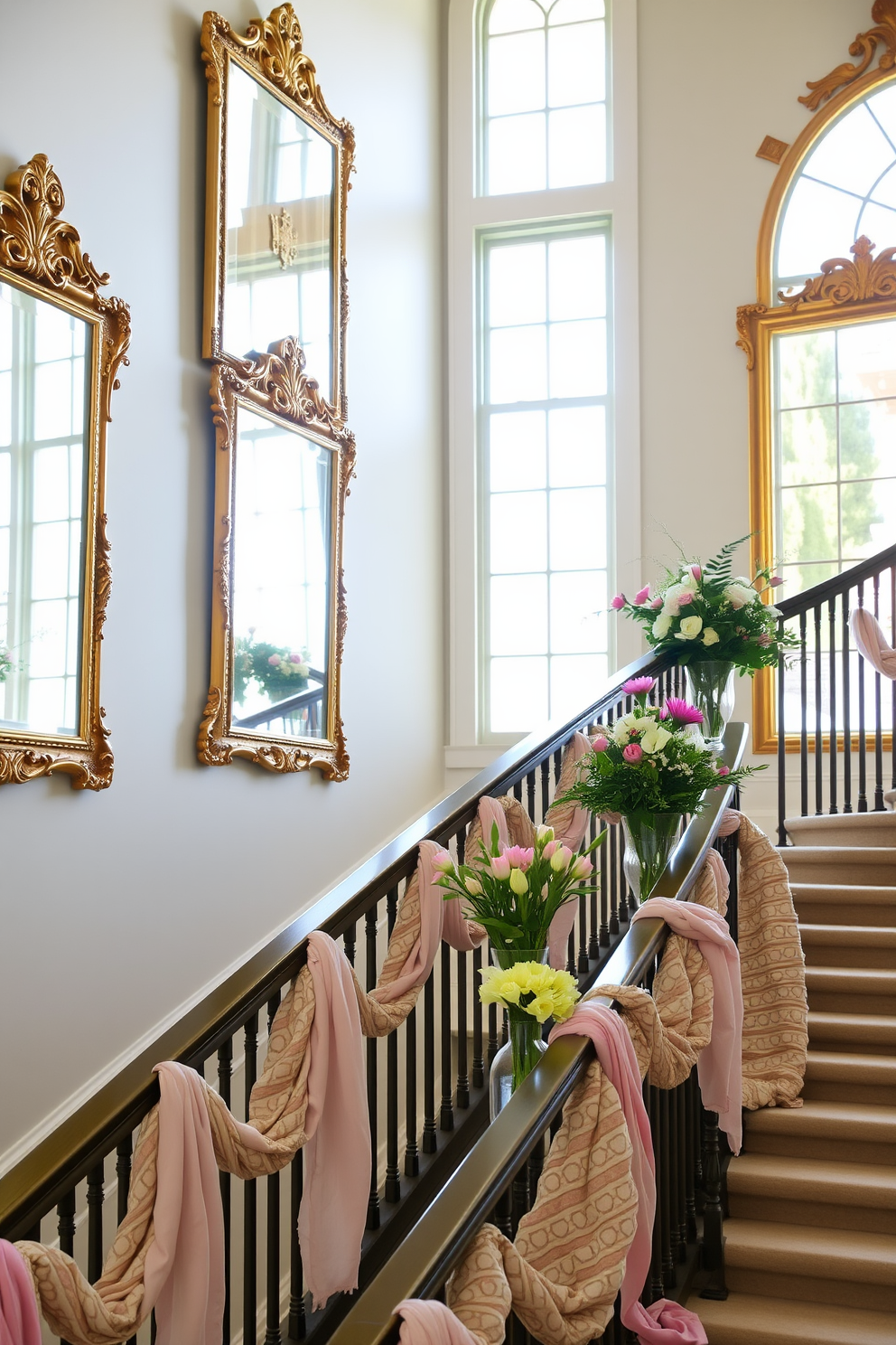 A grand staircase adorned with decorative mirrors that reflect the soft natural light streaming in from large windows. The mirrors are framed in ornate gold, enhancing the elegance of the space while creating a sense of openness. Vibrant spring-themed decorations are placed along the staircase, featuring pastel-colored flowers and greenery in stylish vases. Soft, flowing fabric garlands drape elegantly from the banister, adding a whimsical touch to the overall design.