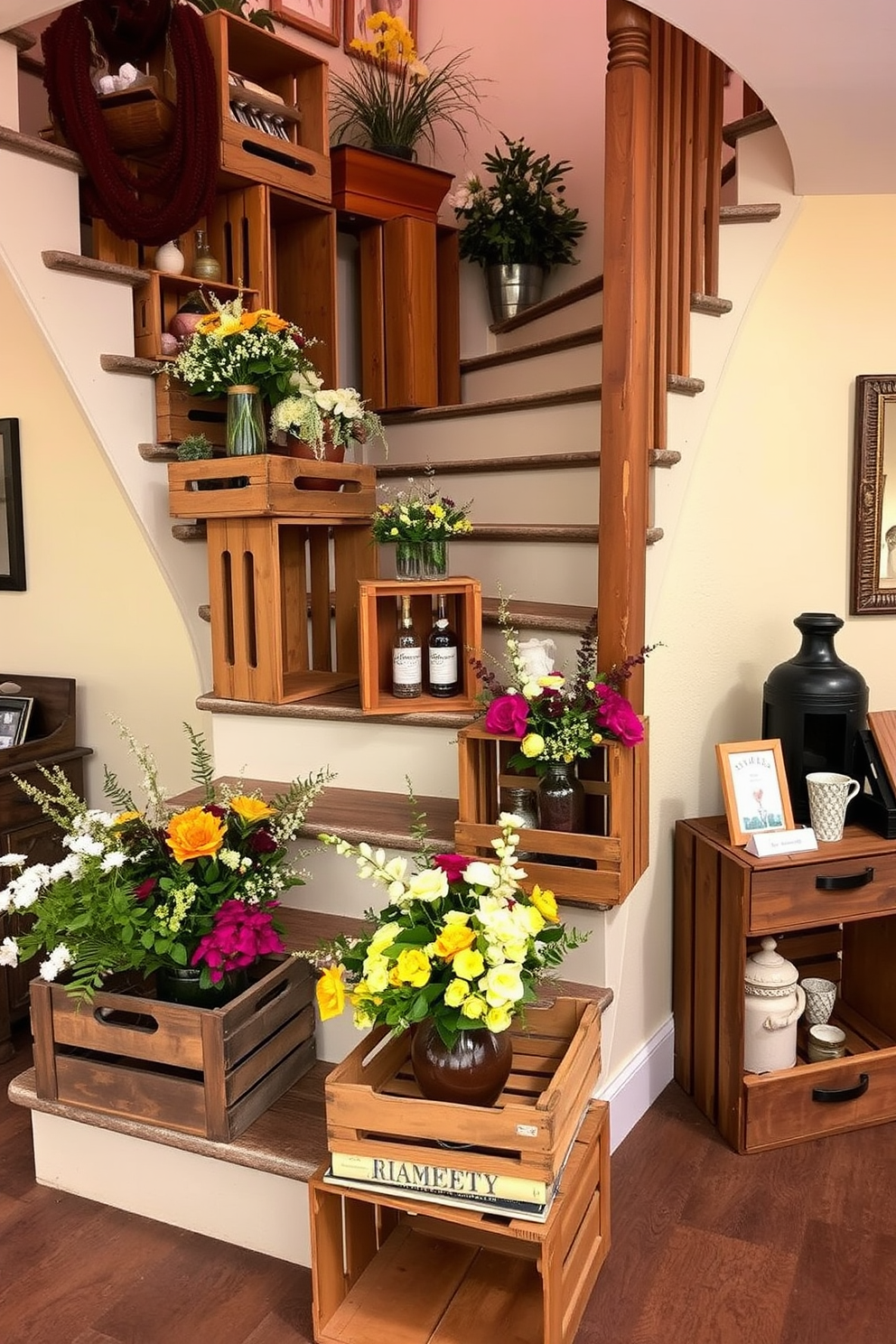 A charming staircase adorned with vintage wooden crates adds texture and character to the space. The crates are filled with seasonal flowers and decorative items, creating a warm and inviting atmosphere.