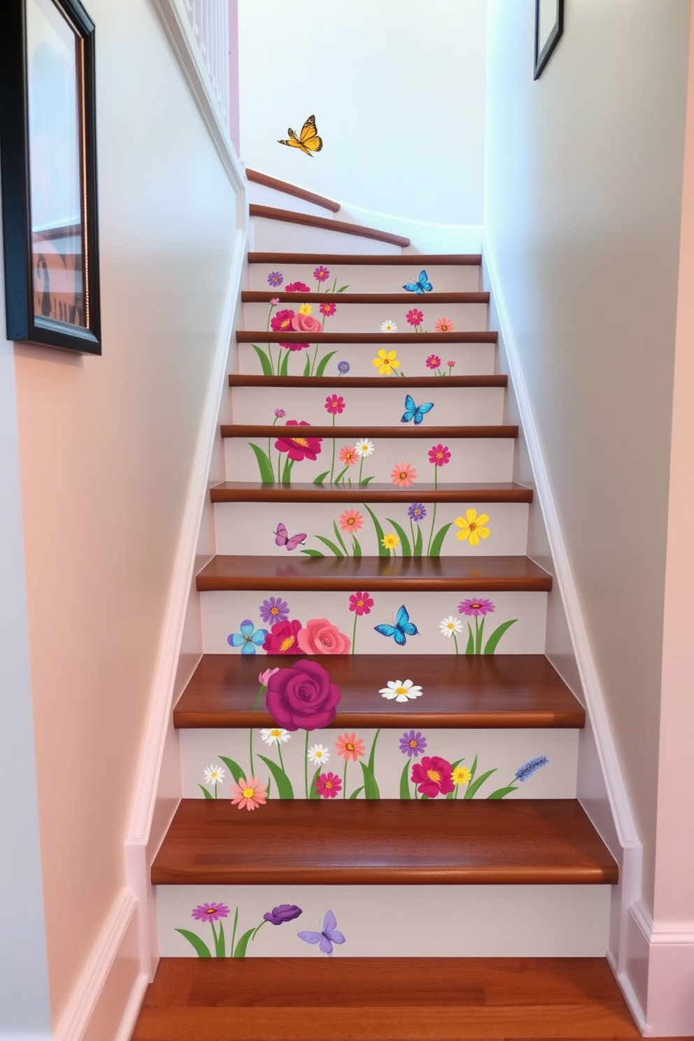 Customized stair decals with spring motifs create a vibrant and inviting atmosphere in any home. The decals feature colorful flowers and playful butterflies, enhancing the natural beauty of the staircase. Incorporating these decals into your staircase design adds a personal touch and seasonal flair. The bright colors and cheerful patterns make each step a delightful experience, perfect for welcoming guests.