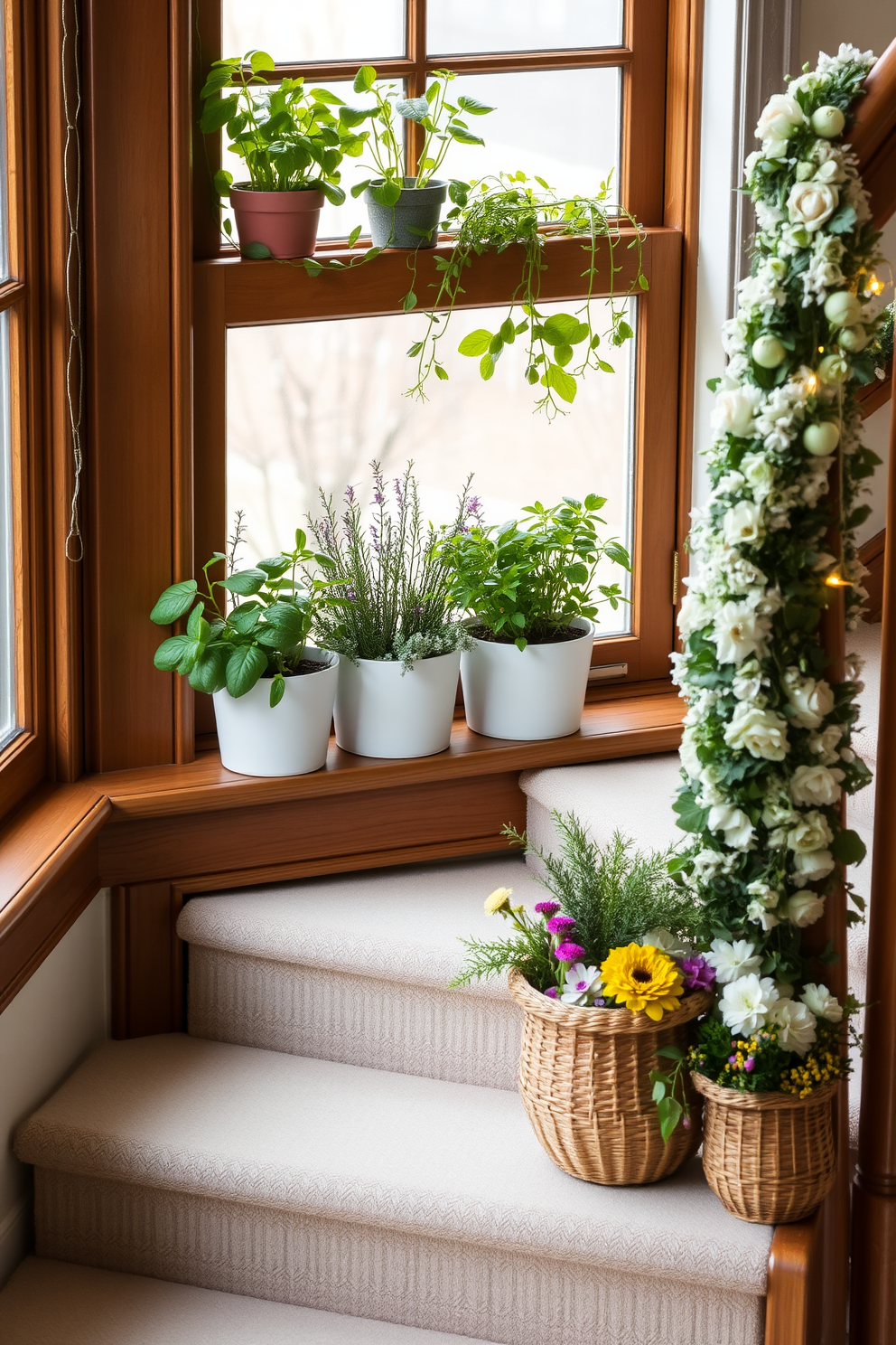 Fresh herbs in pots arranged on a wooden windowsill create a fragrant and inviting atmosphere. The pots are filled with vibrant green basil, rosemary, and thyme, adding a touch of nature to the indoor space. The staircase is adorned with a mix of pastel-colored garlands and delicate fairy lights. Soft, woven baskets are placed on the steps, each filled with seasonal flowers and decorative accents, enhancing the springtime charm.