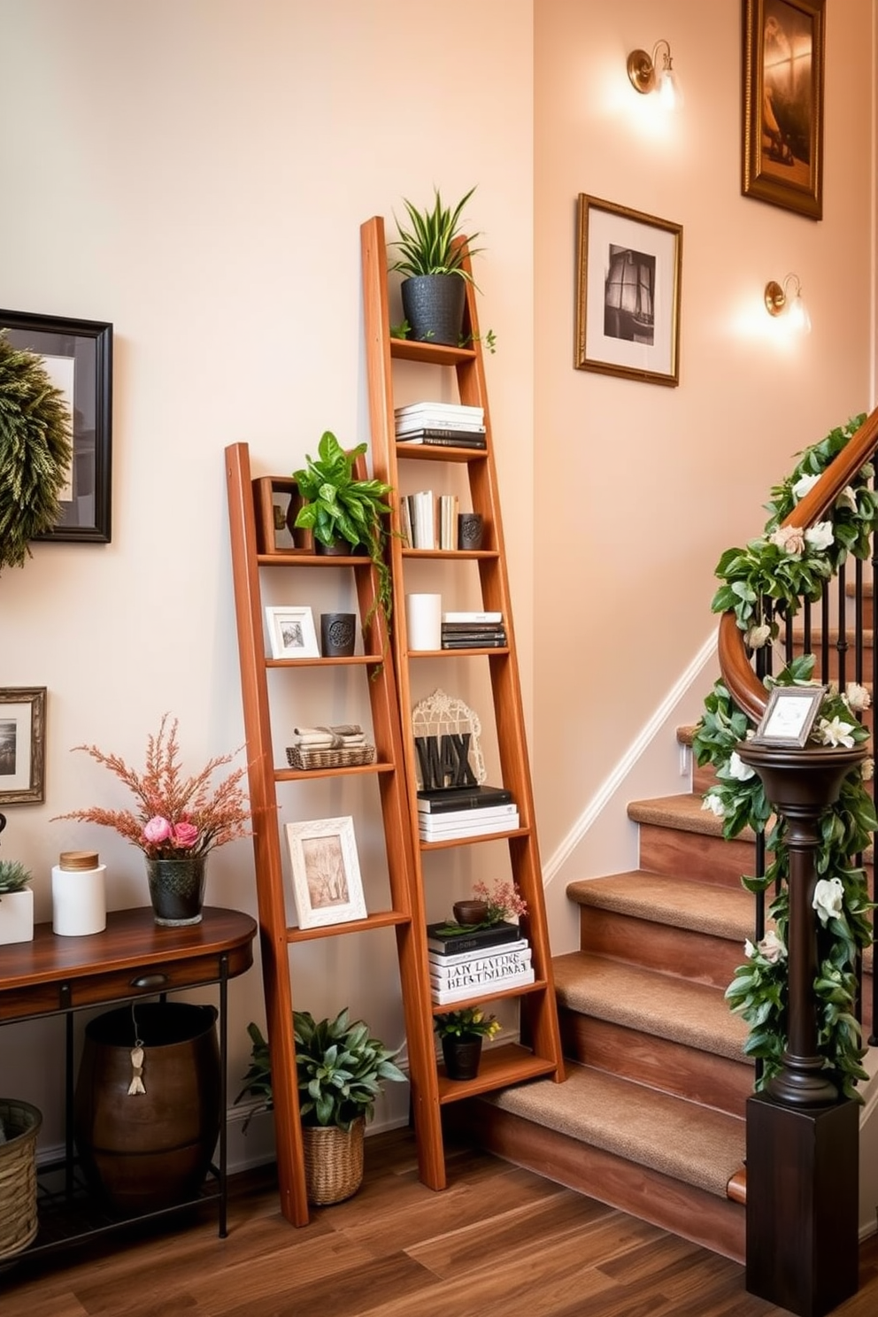 A stylish wooden ladder leans against a wall, adorned with a variety of decor items such as potted plants, framed photos, and decorative books. The ladder's natural finish complements the surrounding decor, creating a warm and inviting atmosphere. The staircase is elegantly decorated with seasonal elements like fresh flowers and soft greenery, enhancing its visual appeal. Cozy lighting fixtures are strategically placed to highlight the staircase and its decorative accents, creating a welcoming ambiance.