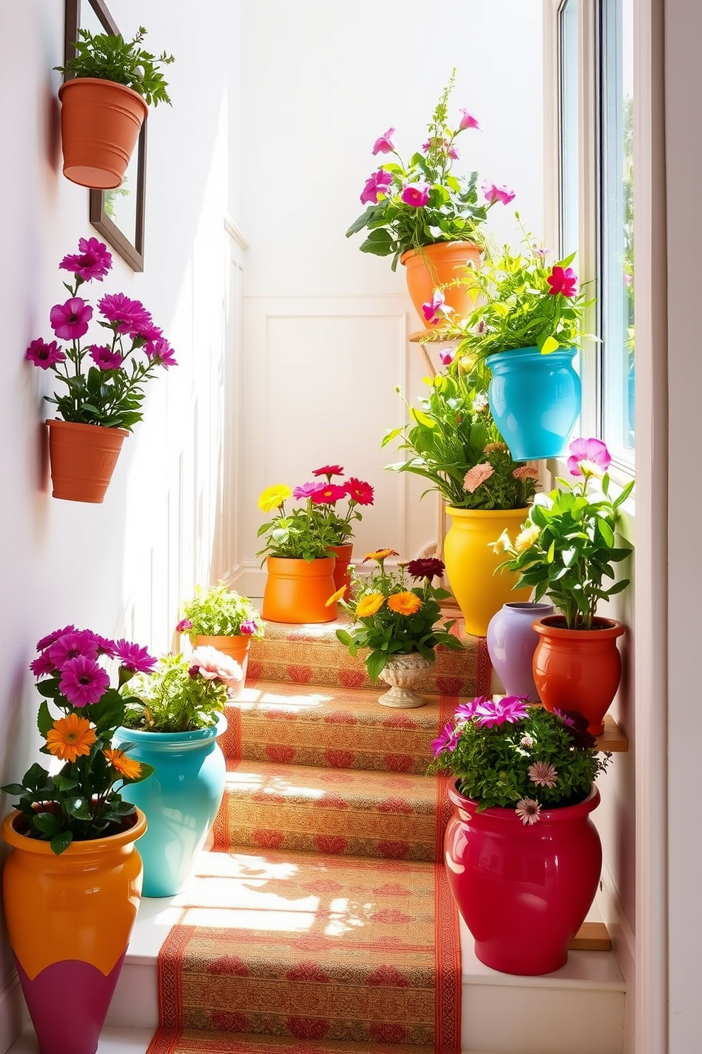 Colorful ceramic pots in various sizes are strategically placed in the corners of a bright and airy staircase. Each pot is filled with vibrant flowers and lush greenery, creating a cheerful and inviting atmosphere. The staircase is adorned with a decorative runner that complements the colors of the ceramic pots. Natural light floods the space, enhancing the lively hues and making the entire area feel fresh and rejuvenated.