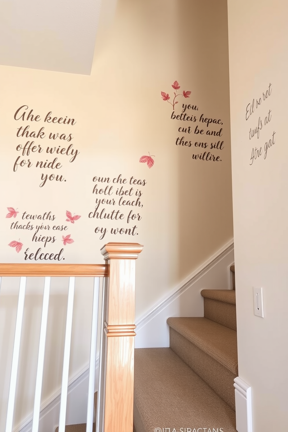 Seasonal quotes elegantly adorn the walls of a bright and airy staircase. The staircase features a light wooden railing and soft pastel colors that complement the cheerful quotes.