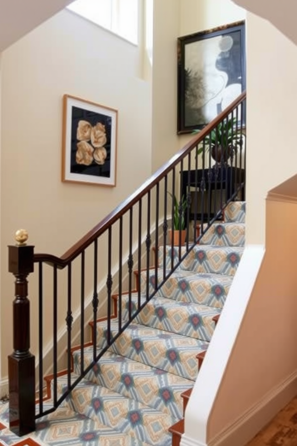 A stylish staircase adorned with a geometric patterned runner that adds a modern touch. The walls are painted in a soft pastel color, complementing the vibrant patterns of the runner. Decorative elements such as potted plants are placed on the landing, bringing life to the space. Elegant wall art featuring abstract designs enhances the visual appeal of the staircase area.