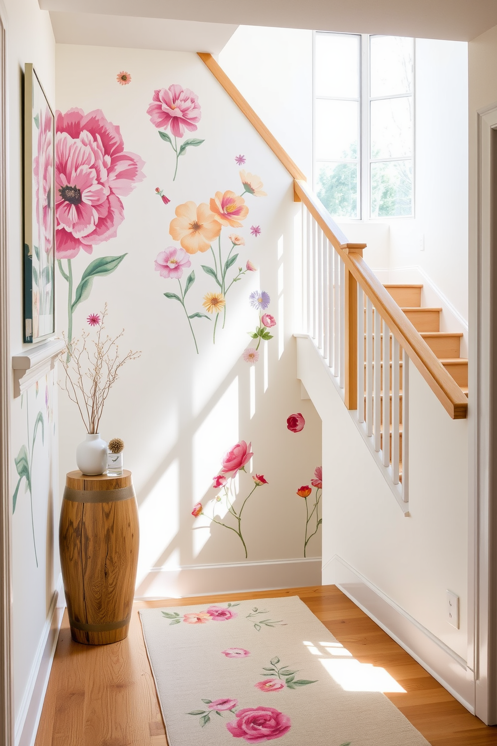 Floral prints adorn the wall of a bright and airy staircase, creating a vibrant and inviting atmosphere. The staircase features a sleek wooden banister that complements the colorful artwork, enhancing the overall aesthetic of the space. Natural light floods in through a large window, illuminating the floral designs and casting gentle shadows on the walls. A stylish runner rug in soft pastel hues adds warmth and comfort underfoot, tying the decor together beautifully.