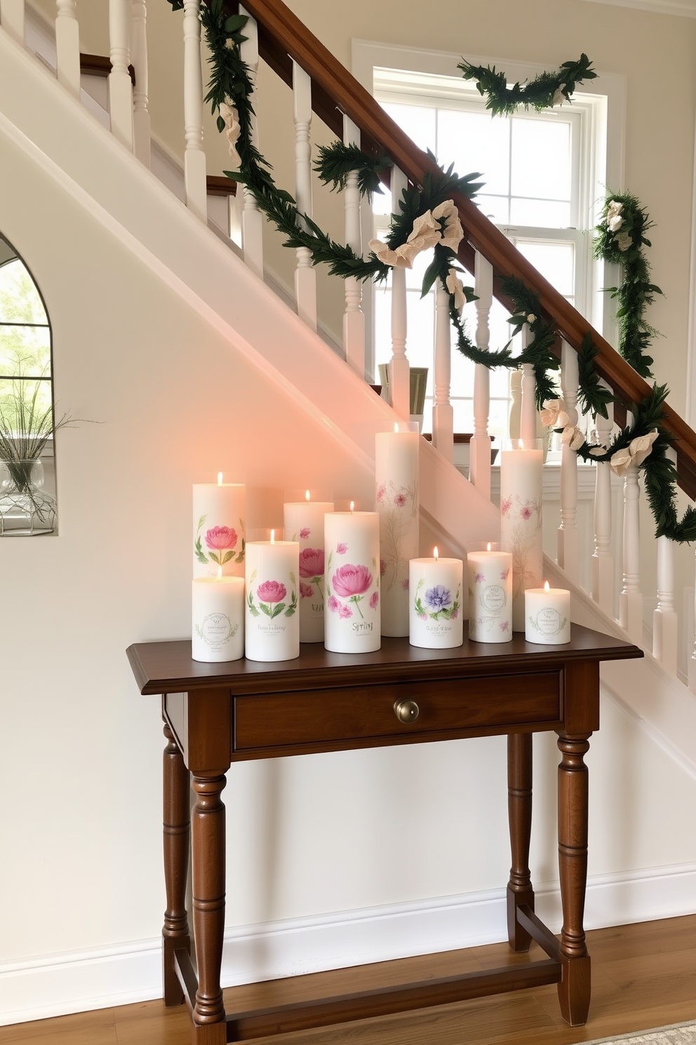 A collection of spring-themed candles is arranged on a wooden console table at the base of a staircase. The candles vary in height and are adorned with floral patterns, creating a warm and inviting atmosphere. The staircase is decorated with fresh greenery and pastel-colored garlands draped along the banister. Soft, natural light filters through a nearby window, highlighting the cheerful colors and inviting design.