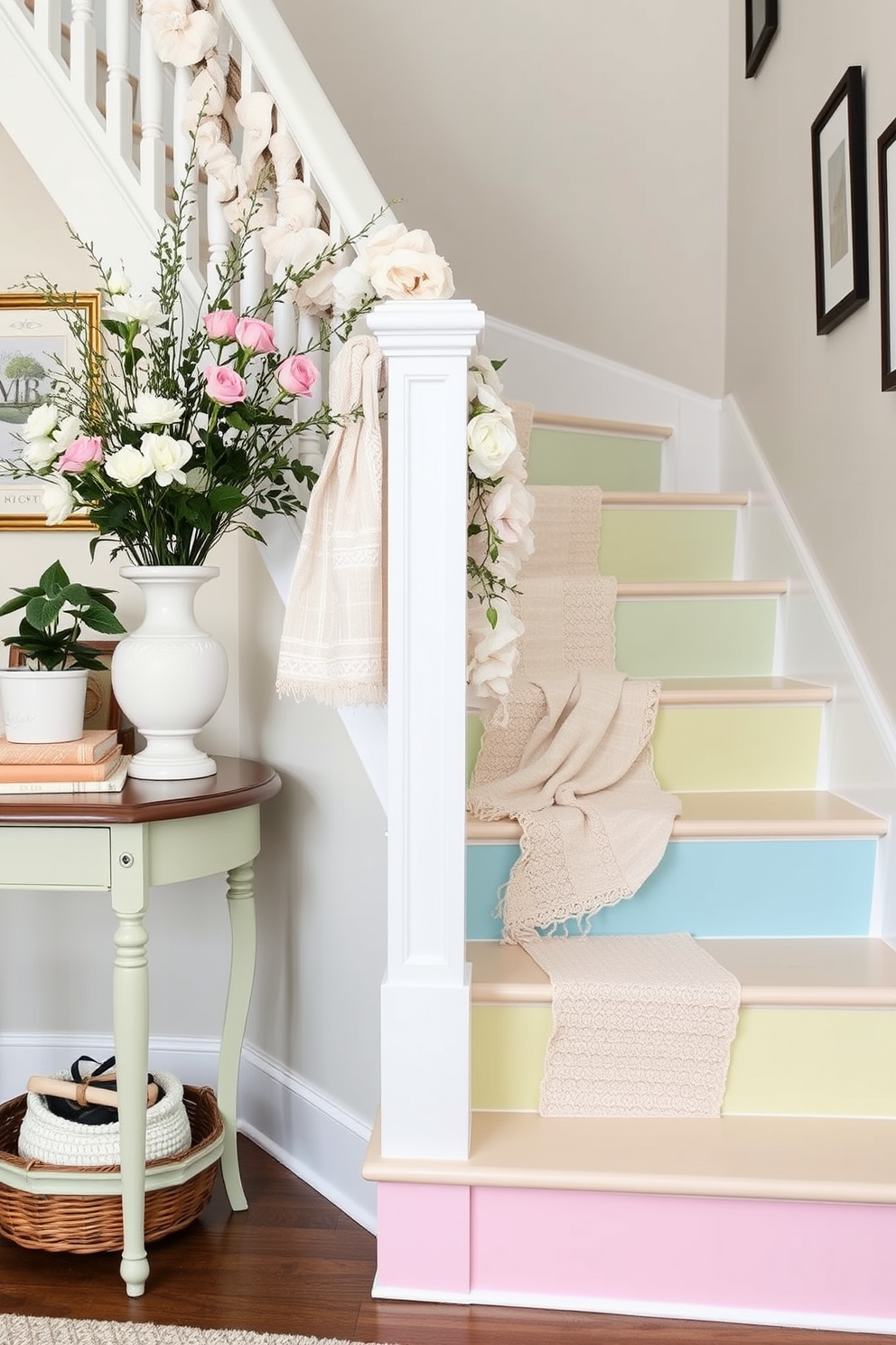 Pastel painted stair treads create a cheerful and inviting atmosphere in your home. The soft colors complement the surrounding decor while adding a touch of whimsy to the staircase. Decorate the staircase with seasonal accents like fresh flowers and delicate garlands. Incorporate light, airy fabrics for a breezy feel that enhances the springtime vibe.