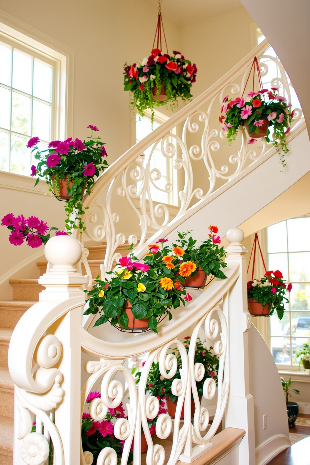 Artistic stair railing with intricate floral designs gracefully curves along the staircase. The railing is painted in a soft pastel color, complementing the bright and airy atmosphere of the spring-themed decor. The staircase is adorned with vibrant potted plants and hanging flower baskets that bring life to the space. Light streams in through large windows, illuminating the floral accents and enhancing the cheerful ambiance.