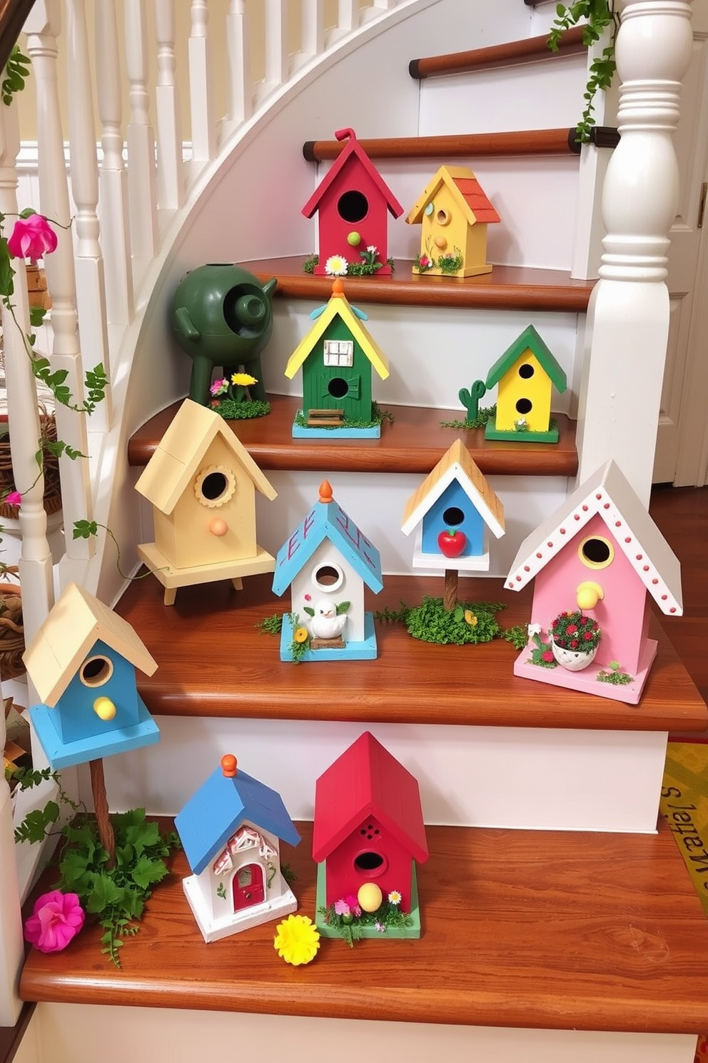 Decorative birdhouses are artfully arranged along the steps of a charming staircase. Each birdhouse features vibrant colors and unique designs, adding a whimsical touch to the spring decor.