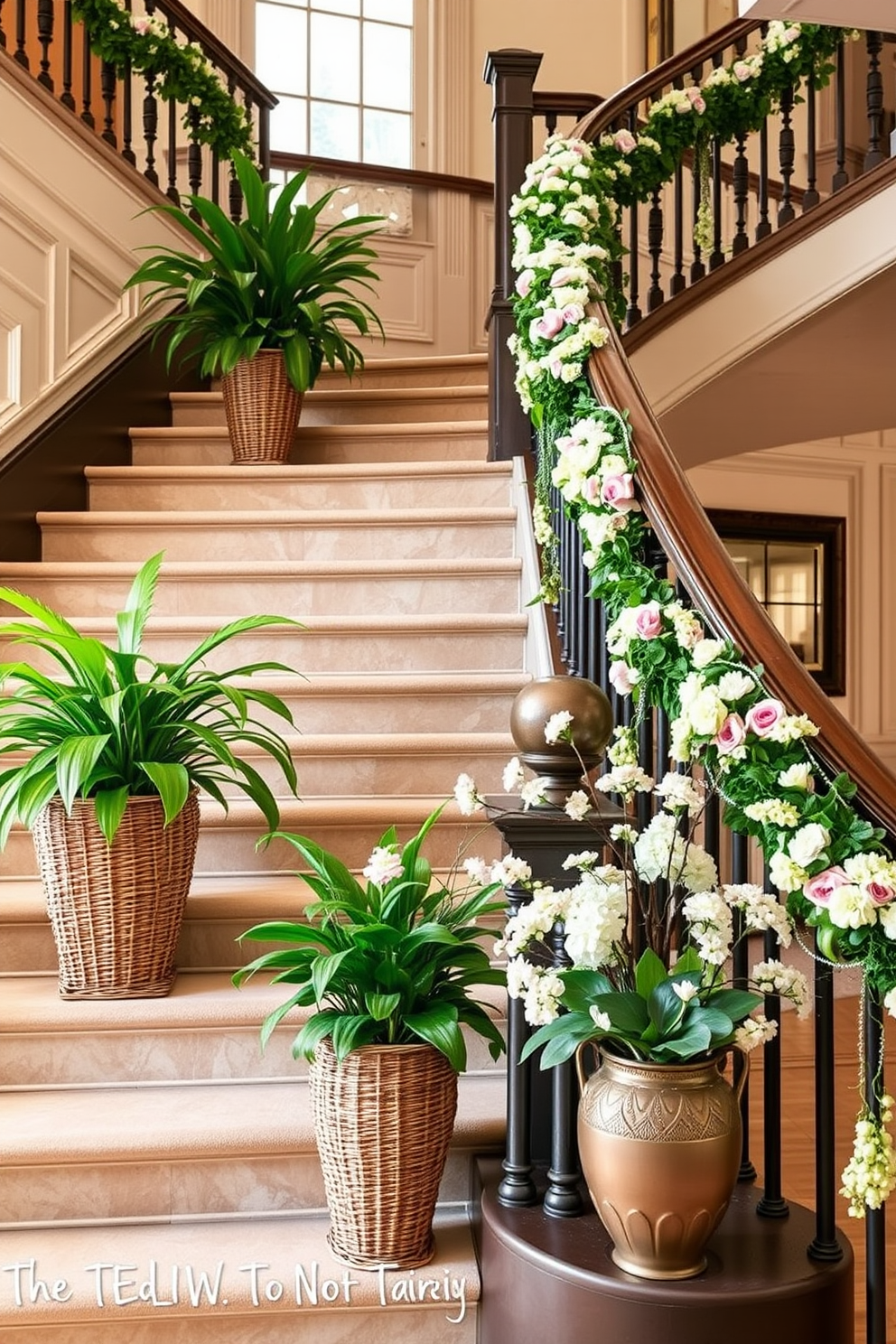 Lush greenery in woven baskets is strategically placed on the landings of a grand staircase. The vibrant plants create a refreshing atmosphere, complementing the elegant architecture of the staircase. Spring decorations adorn the staircase with pastel-colored garlands draped along the handrails. Delicate floral arrangements in ceramic pots add a cheerful touch, inviting the essence of the season into the space.