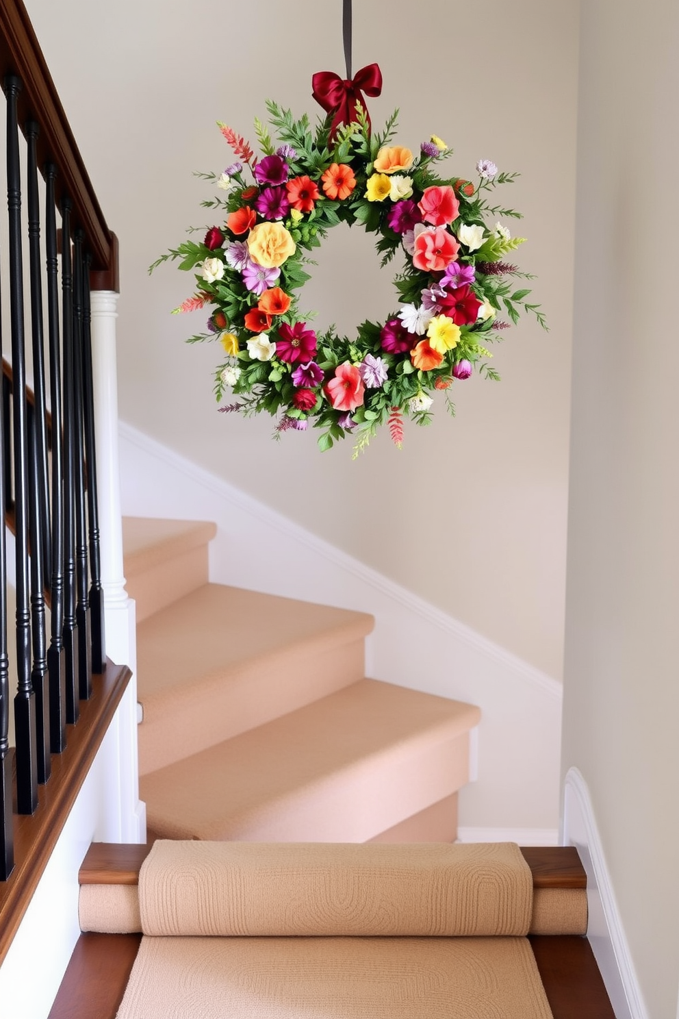 A vibrant seasonal wreath adorned with fresh flowers and greenery is hung at the top of the staircase. The staircase itself features a soft runner rug that complements the colors of the wreath, creating a welcoming atmosphere.