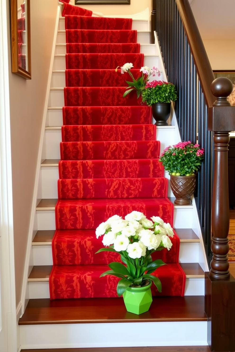 A vibrant stair runner in rich hues of red and orange cascades down the staircase, adding warmth and a lively touch to the space. The runner is complemented by fresh spring decor, featuring potted plants and floral arrangements on the staircase landing.