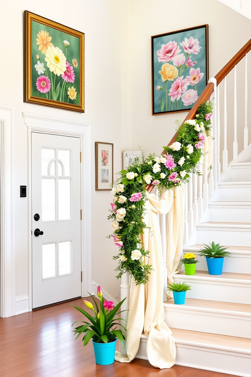 A bright and airy entryway features spring-themed artwork displayed on the walls, showcasing vibrant floral prints and pastel colors. The staircase is adorned with a garland of fresh flowers and greenery, creating a welcoming atmosphere that celebrates the season. The staircase is elegantly decorated with soft, flowing fabric draped along the banister, complementing the spring artwork. Small potted plants in cheerful colors are placed on the steps, adding a touch of nature and charm to the design.