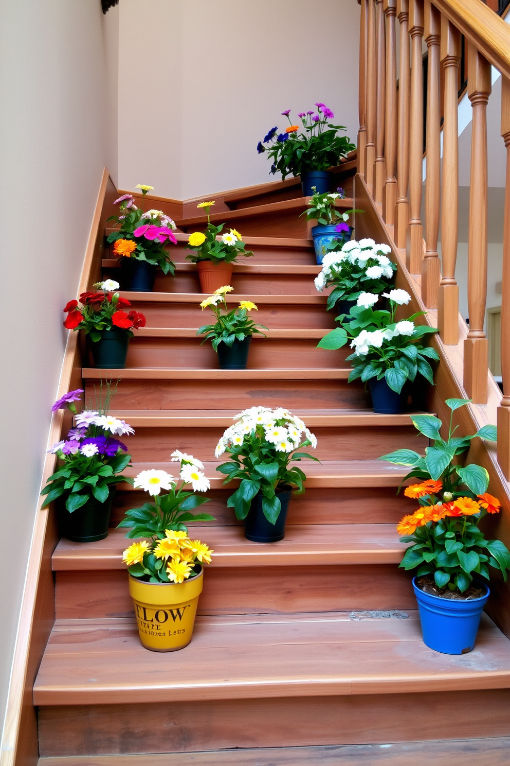 A charming staircase adorned with potted flowers on each step creates a vibrant and welcoming atmosphere. The flowers, in a variety of colors, add a fresh touch to the wooden staircase, enhancing its natural beauty.