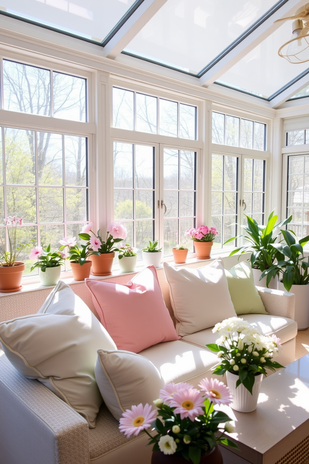 A bright sunroom filled with natural light. The space features a comfortable seating area adorned with pastel-colored throw pillows in soft pinks and greens. Large windows allow the sunshine to flood in, creating a cheerful atmosphere. Potted plants and fresh flowers add a touch of spring, enhancing the inviting decor.