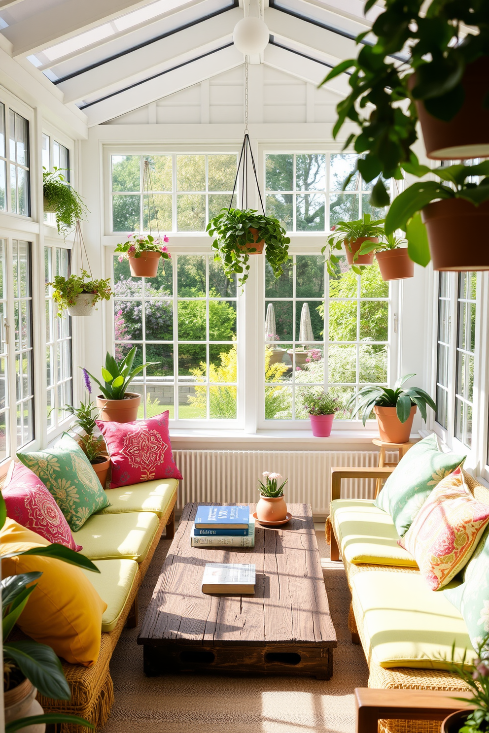 A bright and airy sunroom filled with natural light. Large windows showcase a vibrant garden outside, while colorful outdoor cushions are arranged on a comfortable seating area. The space features a mix of potted plants and hanging planters that bring life to the room. A rustic wooden coffee table sits in the center, adorned with a few decorative books and a small vase of fresh flowers.