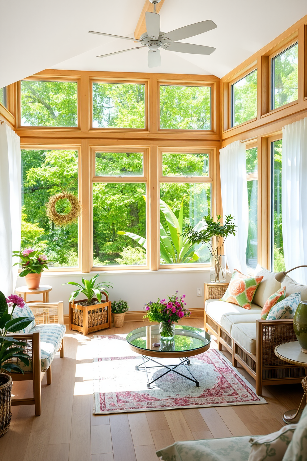 A bright and airy sunroom filled with natural light. Light wood accents adorn the furniture, including a cozy sectional sofa and a coffee table, creating a fresh and inviting atmosphere. Large windows showcase the vibrant greenery outside, while sheer white curtains gently diffuse the sunlight. Potted plants and colorful cushions add a touch of spring vibrancy to the space, enhancing the overall decor.