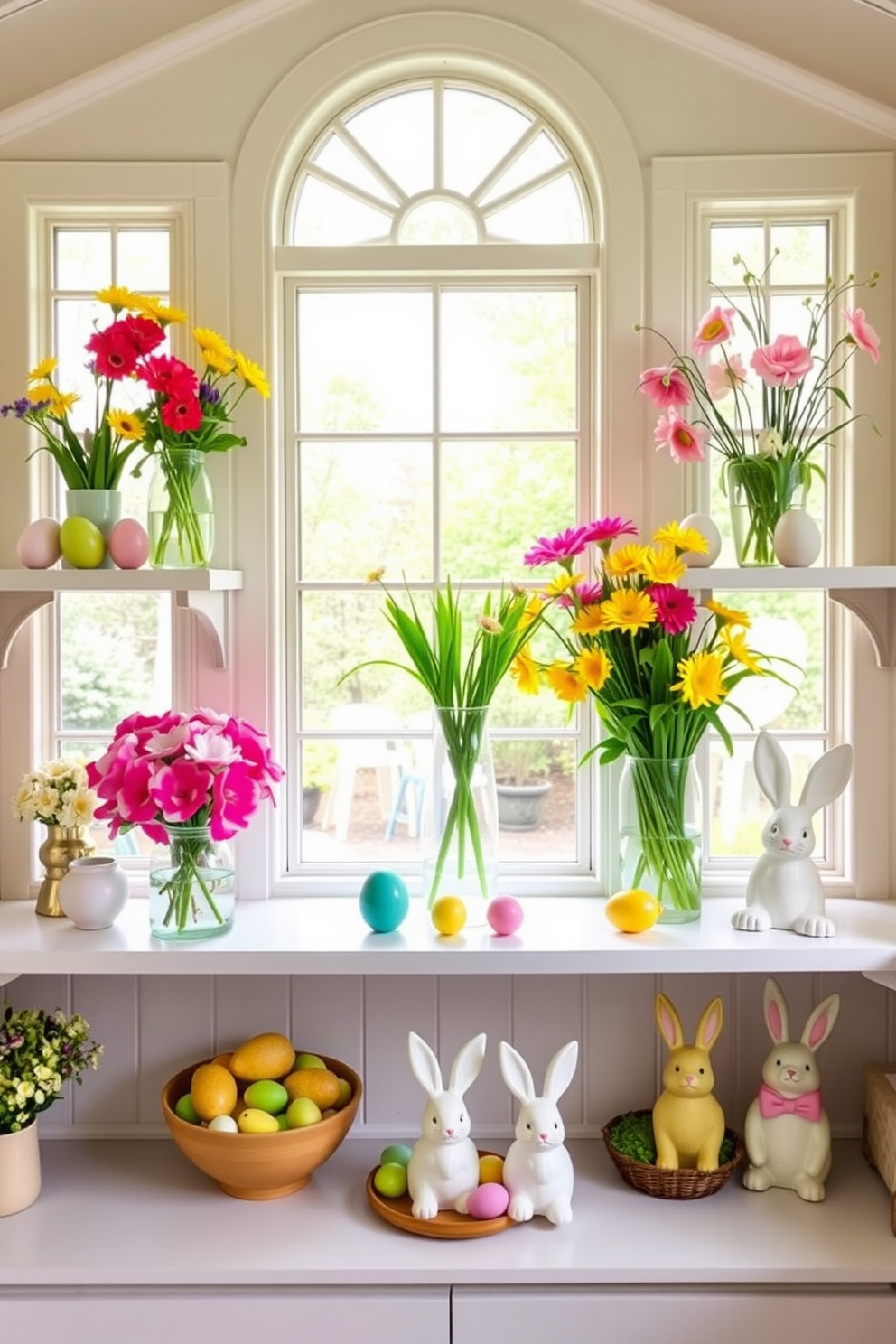 A bright sunroom filled with natural light showcases shelves adorned with vibrant spring decorations. Fresh flowers in pastel-colored vases, along with decorative eggs and bunnies, create a cheerful atmosphere.