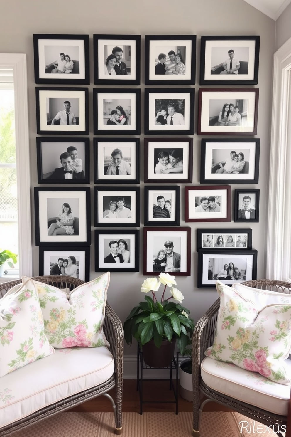 Create a gallery wall featuring a curated selection of family photos in various frames. The arrangement should include both black and white and color images to create visual interest. For the spring sunroom, incorporate light and airy decor with pastel-colored cushions and floral patterns. Add potted plants and natural light through large windows to enhance the refreshing atmosphere.