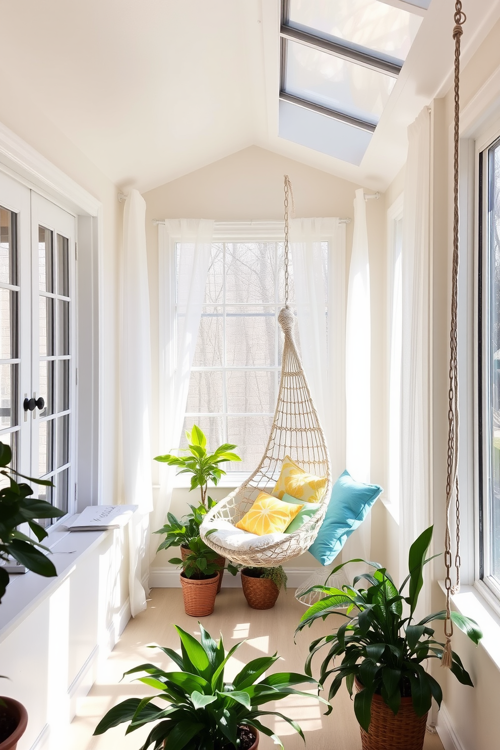 A bright and airy sunroom filled with natural light. There is a cozy hammock chair suspended in the corner, surrounded by lush green plants and colorful throw pillows. The walls are painted in a soft pastel hue, creating a serene atmosphere. Large windows draped with sheer white curtains allow sunlight to filter in, enhancing the cheerful ambiance.