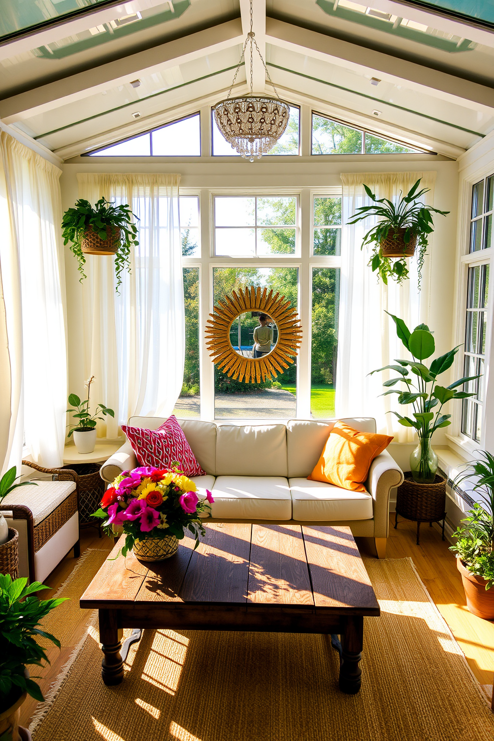 A bright and airy sunroom filled with natural light. The space features large windows adorned with sheer white curtains, allowing the sun to filter in softly. In the center, a comfortable seating area is arranged with a light-colored sofa and vibrant throw pillows. A sun-catching mirror is hung on the wall opposite the windows, reflecting the sunlight and enhancing the brightness of the room. Decorative potted plants are placed in the corners, adding a touch of greenery. A rustic wooden coffee table sits in front of the sofa, topped with a colorful floral arrangement.