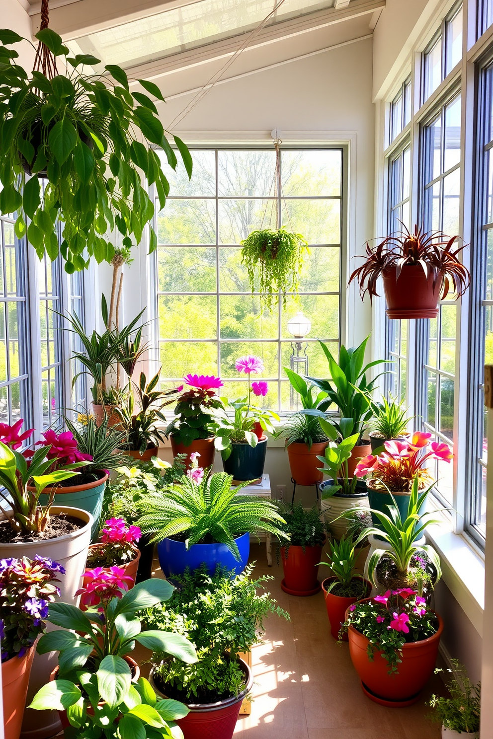 Create a bright and inviting sunroom filled with vibrant planters showcasing a variety of indoor plants. The space is illuminated by natural light streaming through large windows, enhancing the colorful greenery and creating a serene atmosphere.