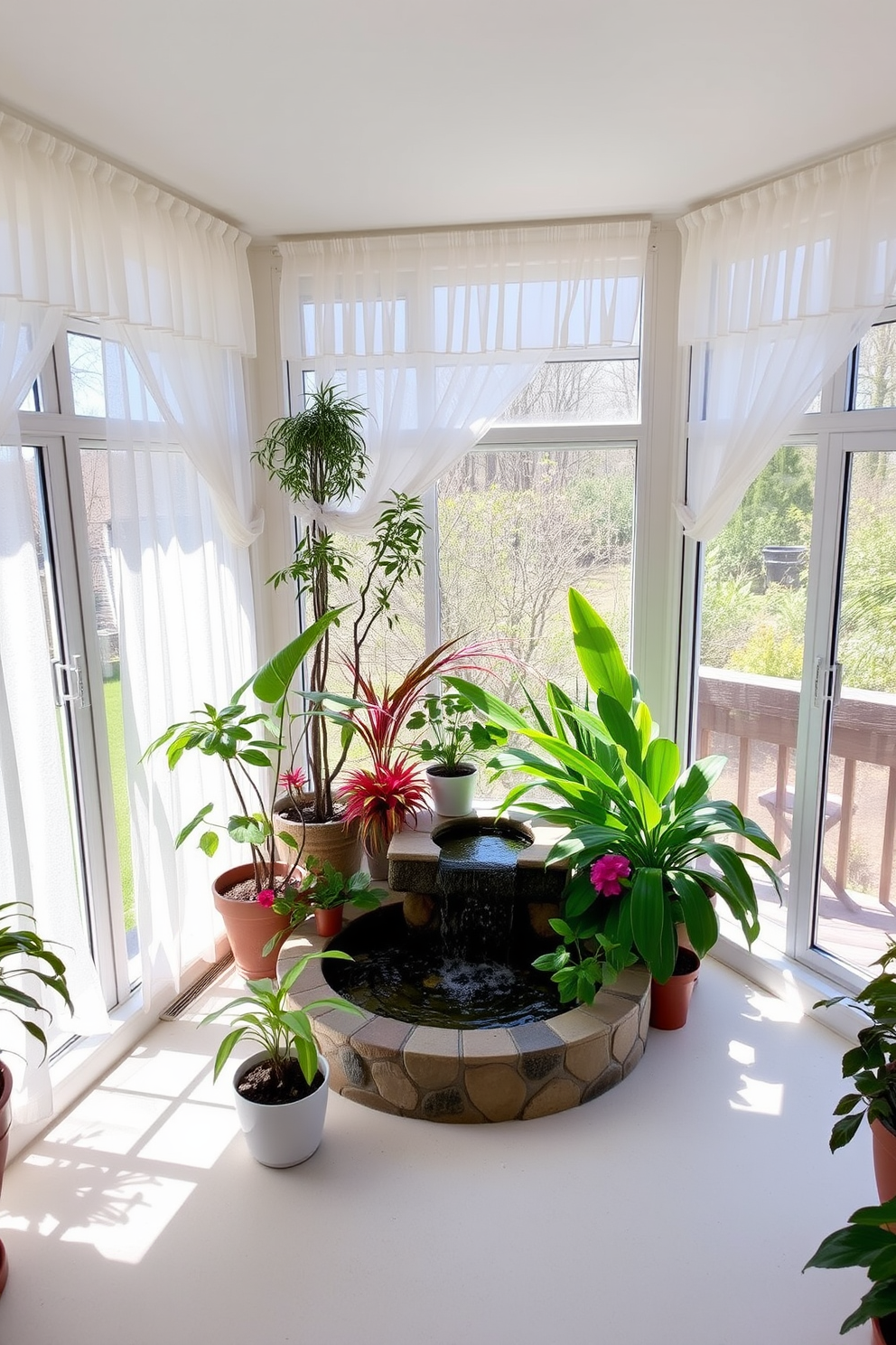 A bright and airy sunroom filled with natural light. The space features large windows adorned with sheer white curtains, allowing the spring sunshine to filter through. In one corner, a small water feature creates a soothing ambiance with the gentle sound of flowing water. Surrounding the water feature are vibrant potted plants, adding a touch of greenery and life to the room.