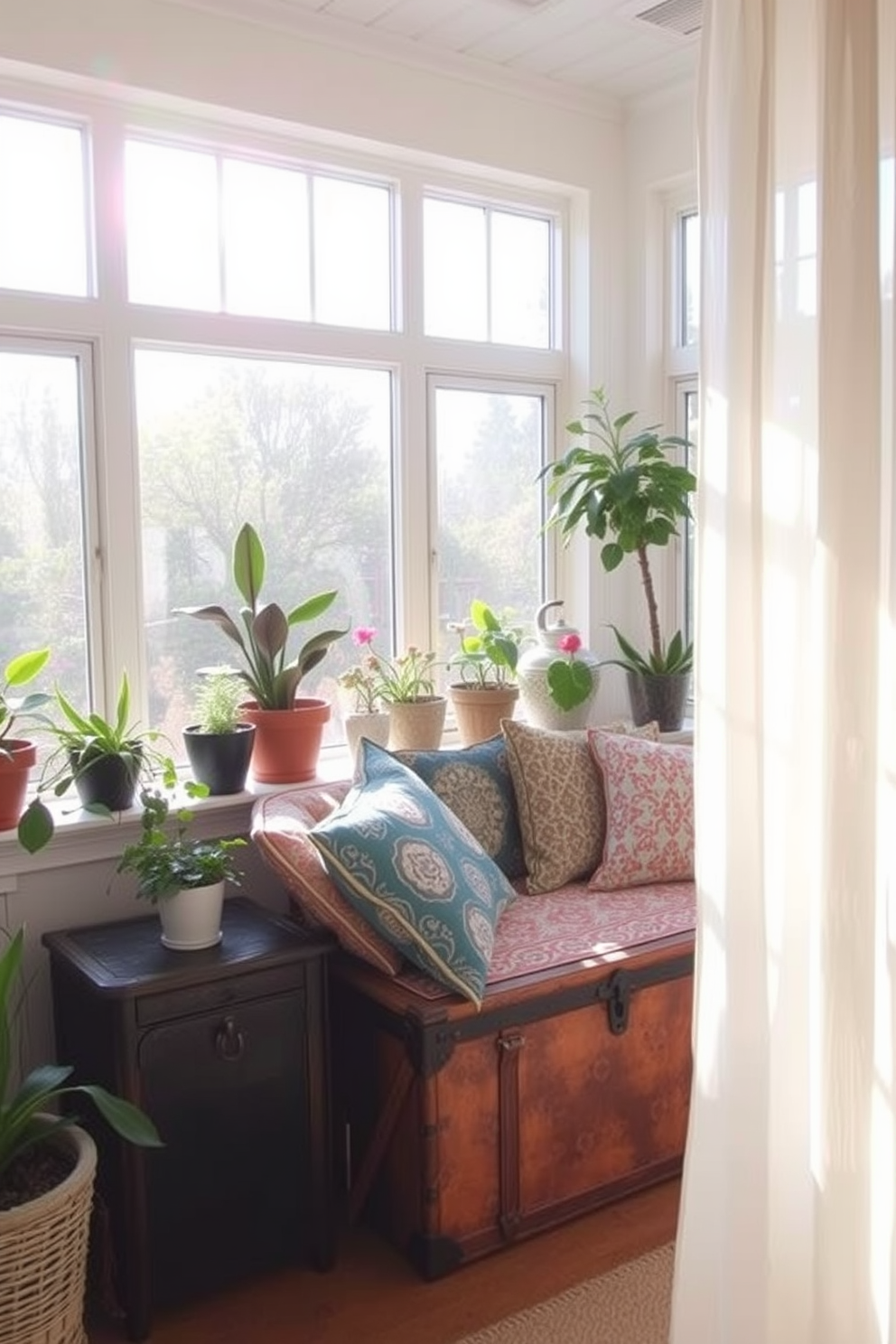 A charming sunroom filled with natural light. A vintage trunk serves as a stylish storage solution, placed beside a cozy seating area adorned with colorful cushions. The walls are lined with potted plants, creating a refreshing atmosphere. Soft, sheer curtains flutter gently in the breeze, enhancing the inviting ambiance of the space.