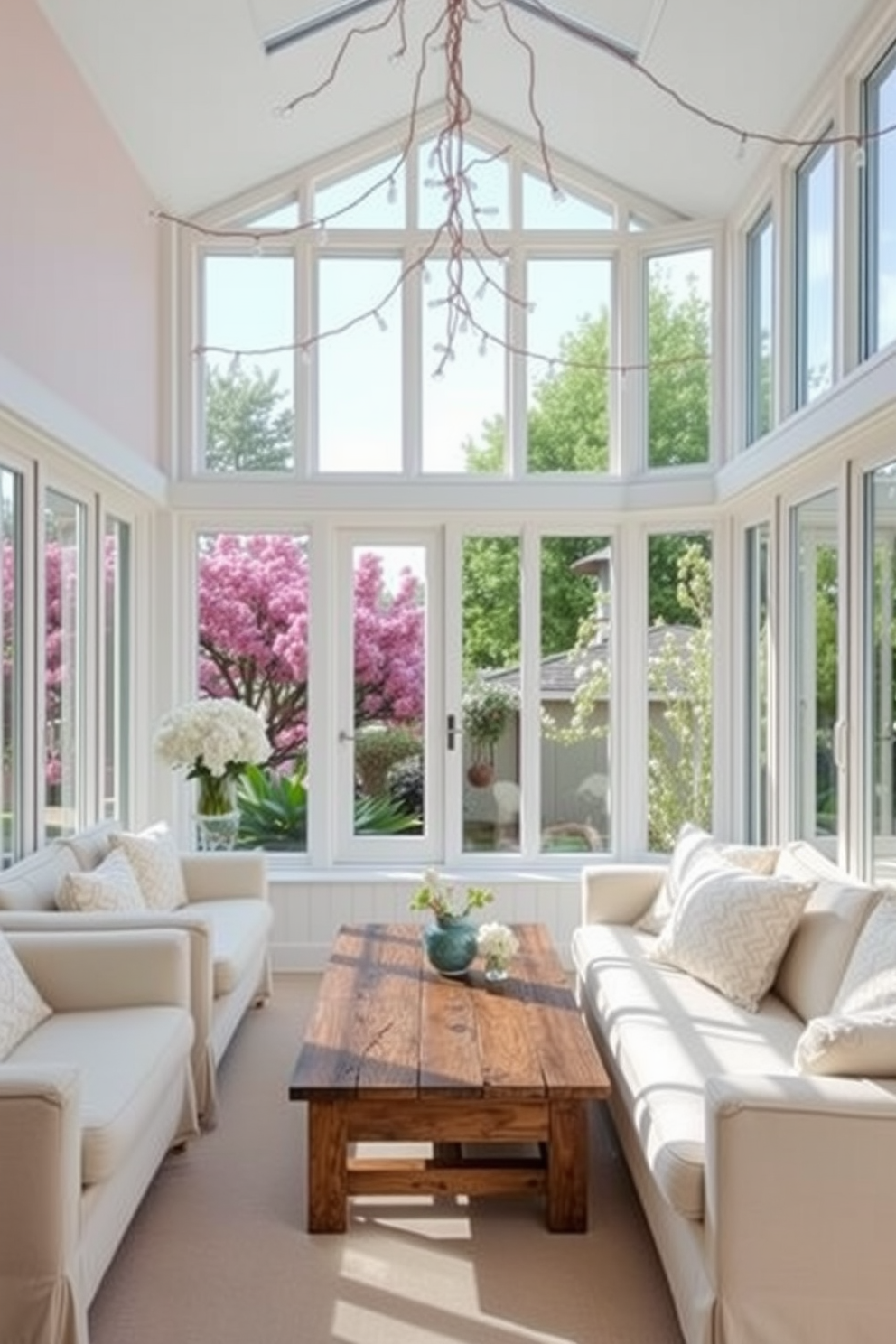 A bright and airy sunroom filled with natural light. The walls are adorned with soft pastel colors, and large windows provide a view of blooming flowers outside. Comfortable seating is arranged around a rustic wooden coffee table. Delicate fairy lights are draped across the ceiling, creating a warm and inviting ambiance.