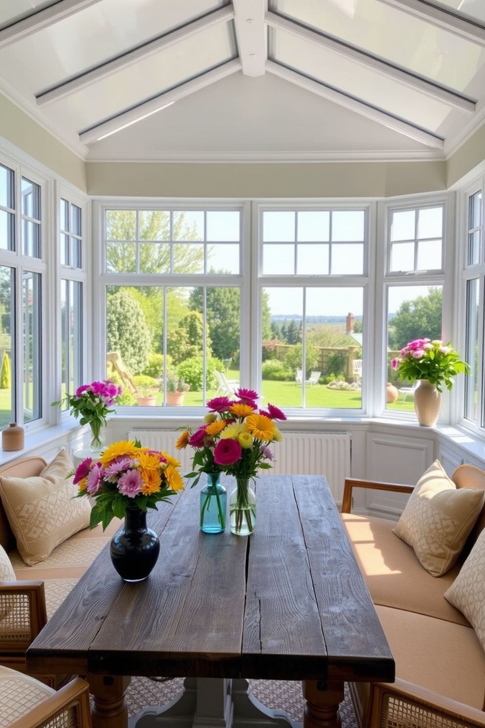 A bright and airy sunroom filled with natural light. Fresh flowers in colorful vases are placed on a rustic wooden table surrounded by comfortable seating. The walls are painted in a soft pastel hue to enhance the cheerful atmosphere. Large windows allow for a panoramic view of the garden, inviting the beauty of nature inside.