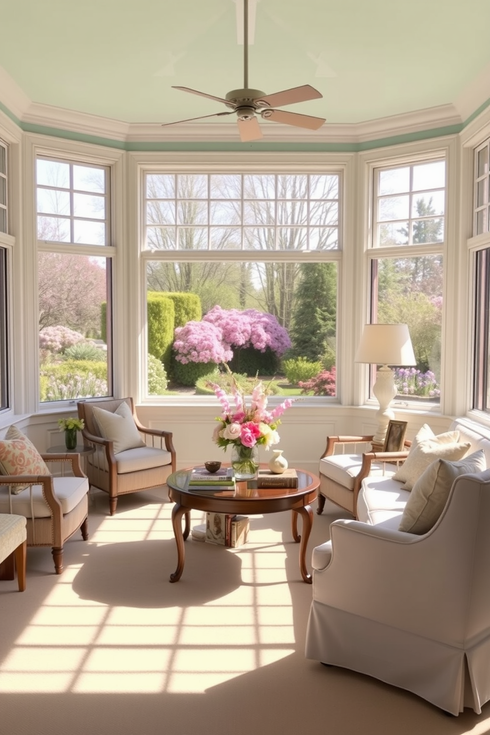 A bright and airy sunroom filled with natural light. The walls are painted in a soft pastel hue, complemented by white trim and light wood accents. Comfortable seating is arranged around a central coffee table, adorned with fresh flowers and decorative books. Large windows offer views of the blooming garden outside, enhancing the serene atmosphere.