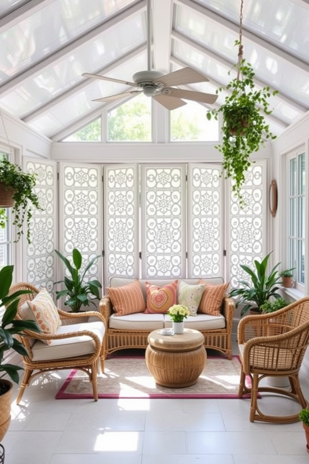 A bright and airy sunroom filled with natural light. A folding screen with intricate patterns divides the space, providing privacy while maintaining an open feel. Cozy seating options include a plush sofa adorned with colorful throw pillows and a couple of rattan chairs. Potted plants and hanging greenery add a touch of nature, complementing the light pastel colors of the decor.