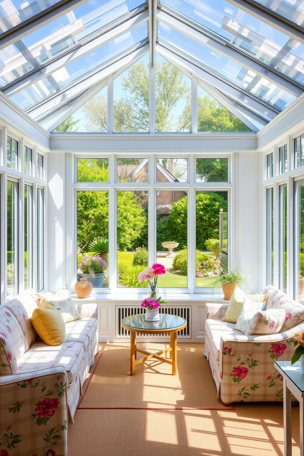 A bright and airy sunroom filled with natural light. The walls are adorned with large windows that open up to a lush garden, creating a serene atmosphere. In the center, a small coffee table is surrounded by comfortable seating, perfect for gatherings. The decor features soft pastel colors and vibrant floral patterns, enhancing the cheerful spring vibe.