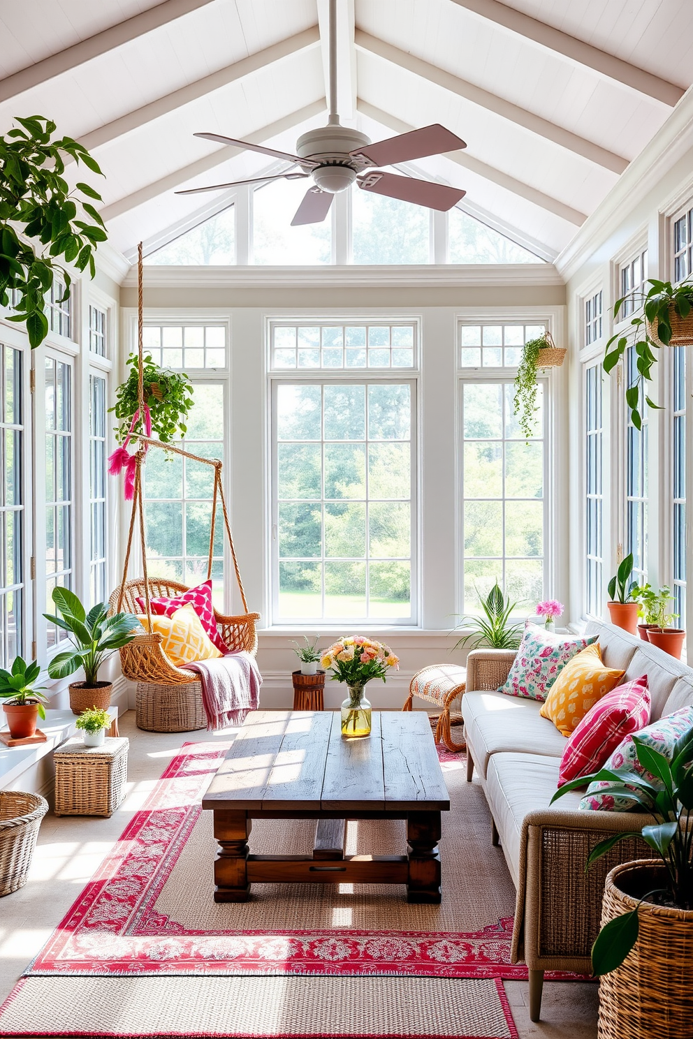 A bright and airy sunroom filled with natural light. In one corner, a cozy swing chair hangs from the ceiling, adorned with colorful cushions and throws. The walls are painted in a soft pastel hue, complemented by potted plants that bring a touch of greenery. A rustic wooden coffee table sits in the center, surrounded by comfortable seating and vibrant decor.