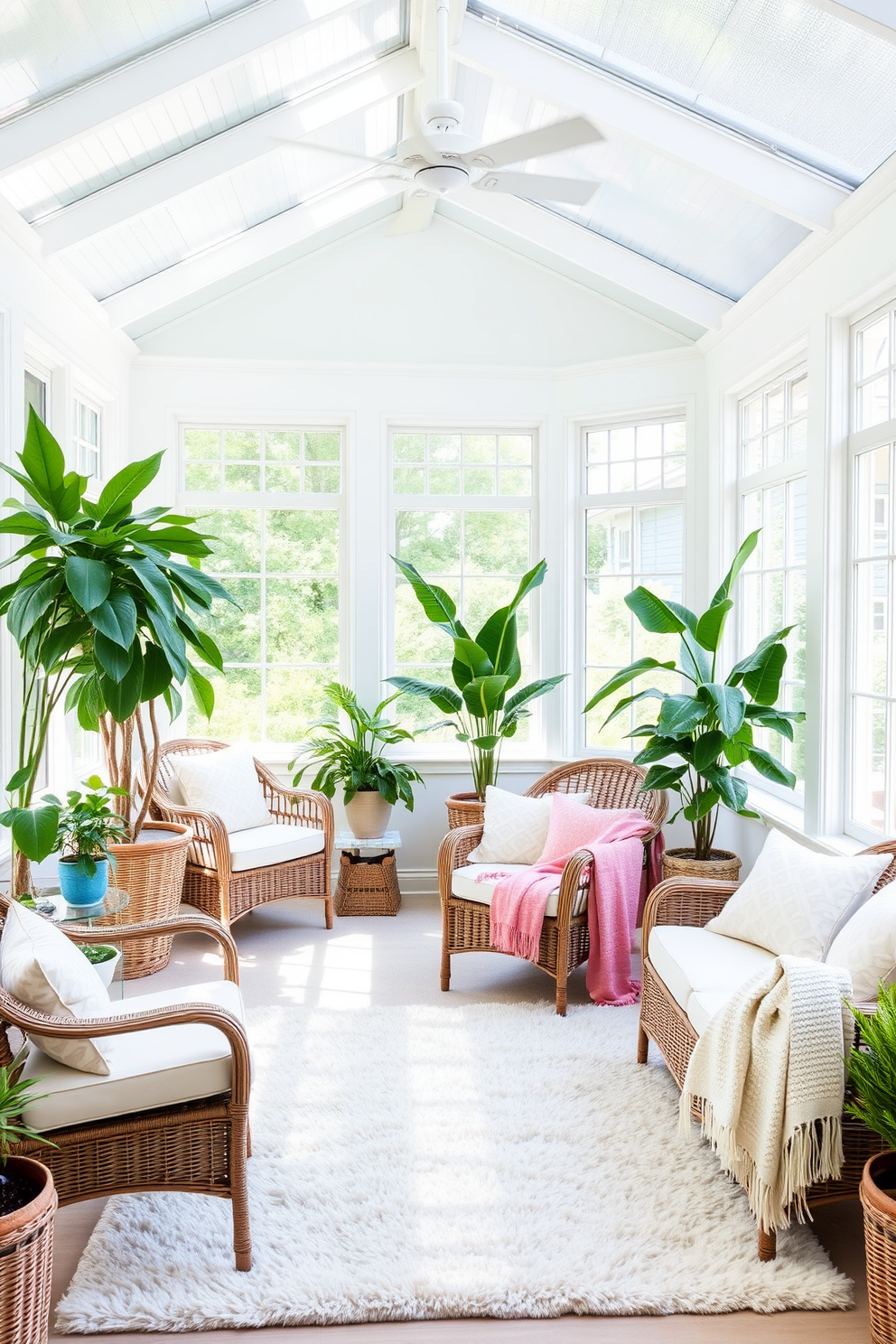 A bright and airy sunroom filled with natural light. Soft pastel colors adorn the walls, complemented by a mix of wicker and upholstered furniture. Layered textiles such as a plush area rug and cozy throw blankets add warmth. Potted plants in varying heights bring life and freshness to the space.