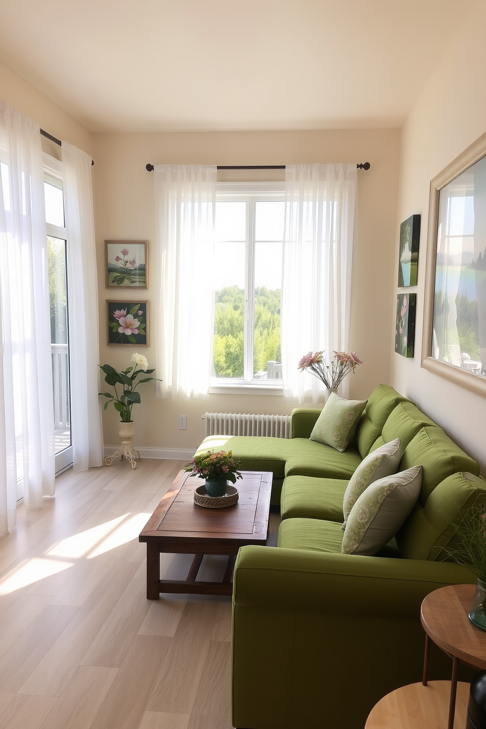 A bright sunroom filled with natural light features large windows adorned with sheer white curtains. The walls are painted in a soft cream color, and the floor is covered with a light wooden laminate. In one corner, a cozy seating area includes a plush green sofa and a rustic wooden coffee table. Nature-inspired artwork depicting blooming flowers and lush landscapes hangs on the walls, enhancing the serene atmosphere.