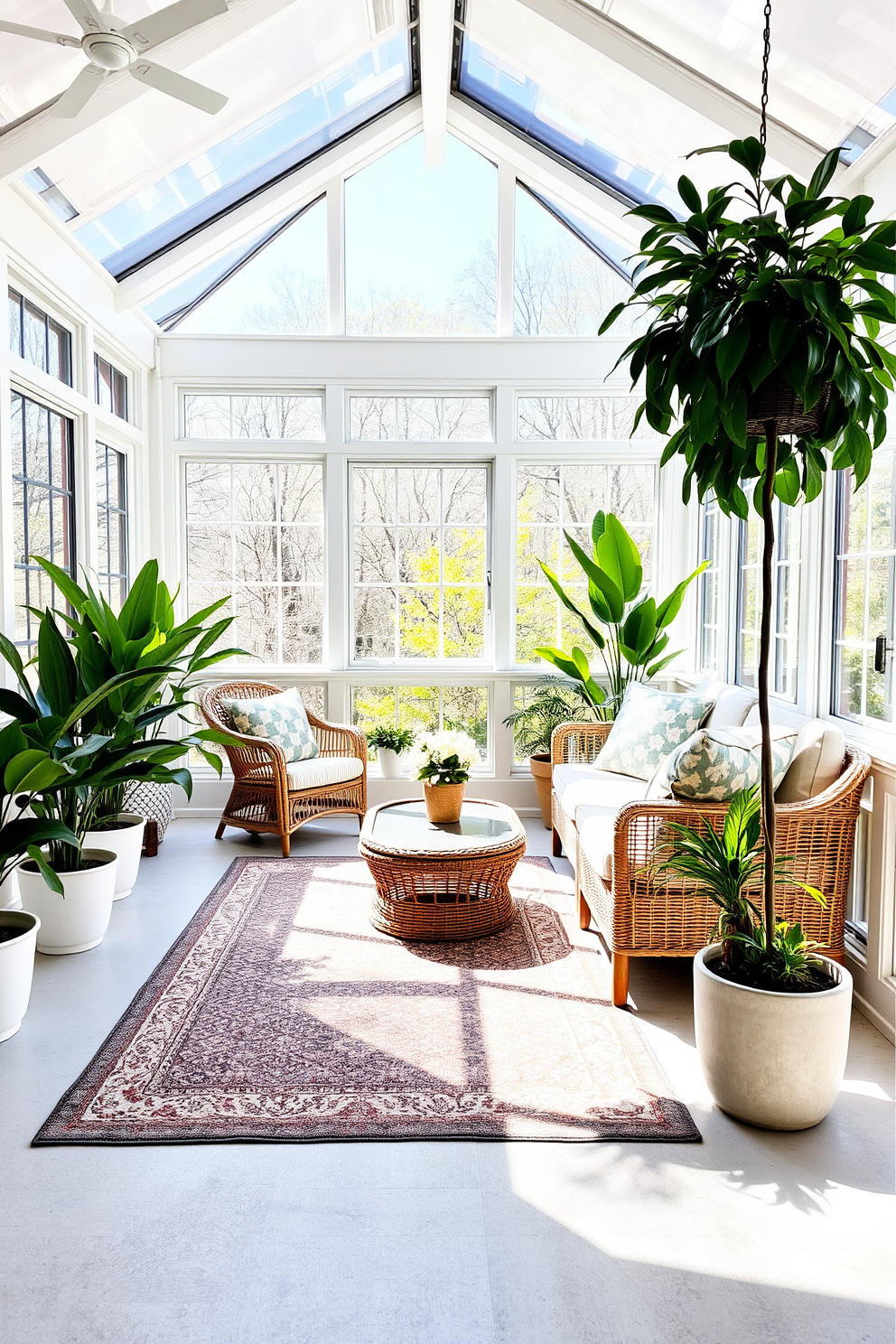 A bright and airy sunroom filled with natural light. The floor is adorned with a durable outdoor rug that adds a pop of color and texture, perfect for spring. Lush green plants are strategically placed around the room, creating a refreshing atmosphere. Comfortable seating is arranged to encourage relaxation and enjoyment of the sunny views.