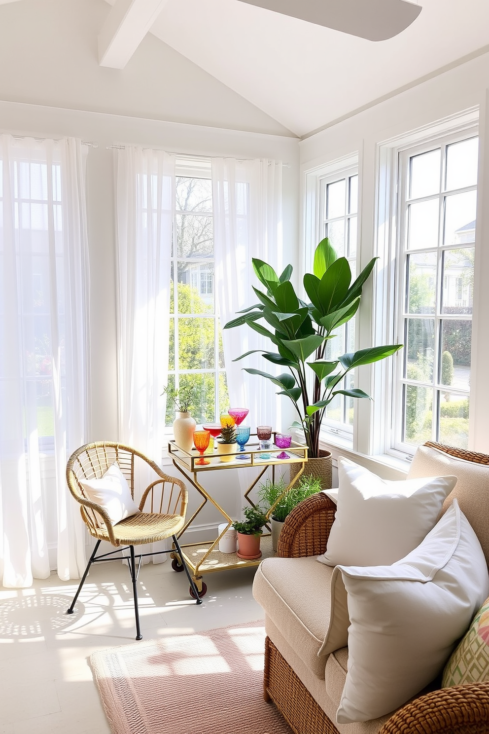 A bright and airy sunroom filled with natural light. There are large windows adorned with sheer white curtains, allowing sunlight to filter in softly and illuminate the space. In one corner, a small bar cart is elegantly styled with a selection of colorful glassware and a few potted plants. Surrounding the cart are cozy seating options, including a pair of rattan chairs and a plush sofa adorned with pastel cushions.