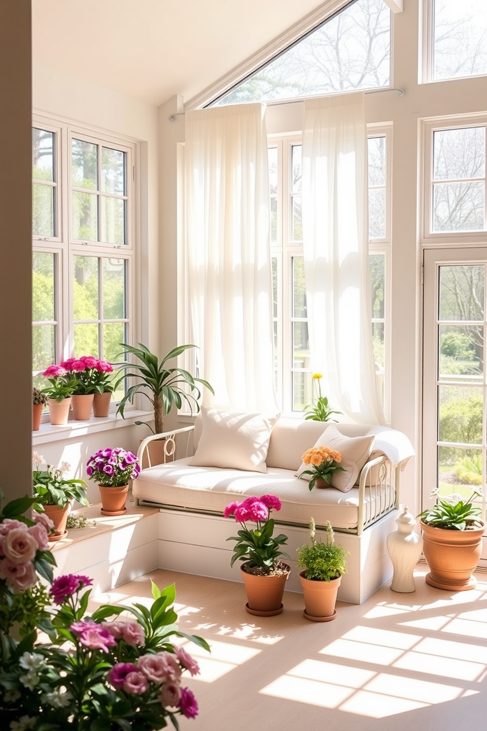 A bright and airy sunroom filled with natural light. A cozy daybed with plush cushions is positioned in the corner, surrounded by potted plants and vibrant flowers. The walls are painted in a soft pastel hue, enhancing the serene atmosphere. Large windows draped with sheer curtains allow the spring sunshine to filter in, creating a warm and inviting space.