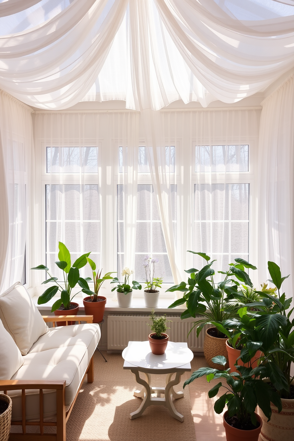 A bright sunroom filled with natural light. Sheer curtains drape elegantly from the ceiling, allowing the gentle spring sunlight to filter through and create a warm ambiance. The space features a cozy seating area with plush cushions and a light-colored coffee table. Potted plants in various sizes add a touch of greenery, enhancing the fresh and airy feel of the room.