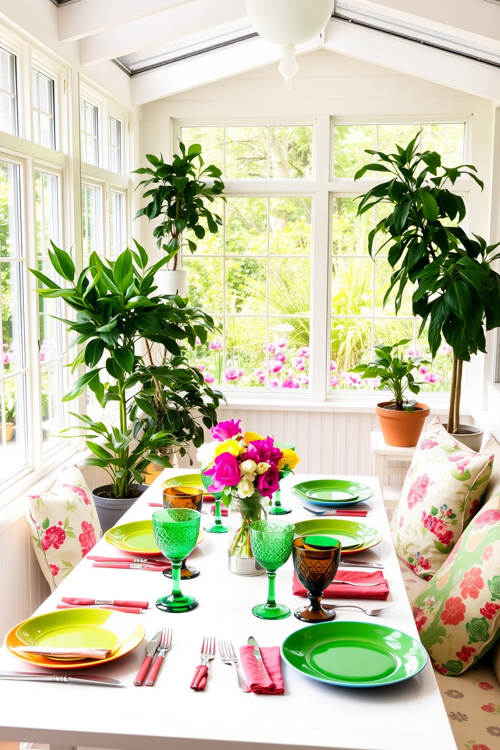 A bright and cheerful sunroom filled with natural light. The table is set with colorful tableware featuring vibrant plates, glasses, and napkins that reflect the essence of spring. Lush green plants are placed in various corners, adding a fresh touch to the space. A comfortable seating area with floral-patterned cushions invites relaxation while enjoying the view of blooming flowers outside.