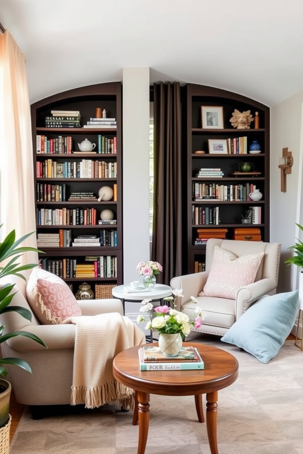 Create a cozy reading nook with plush armchairs and a soft throw blanket. Surround the nook with tall bookshelves filled with an eclectic collection of books and decorative items. Design a bright and airy sunroom that captures the essence of spring. Incorporate pastel-colored cushions, flowering plants, and light sheer curtains to enhance the inviting atmosphere.